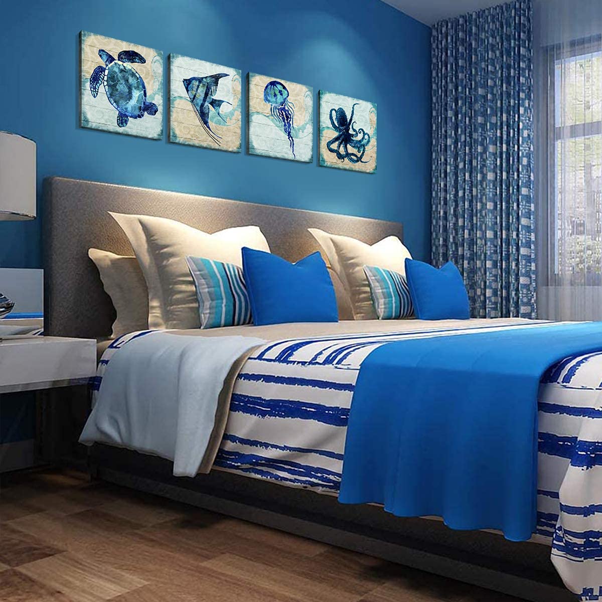 Aqua Blue Ocean Animals Wall Art Nursery Room Decor Beach Sea Turtle Octopus Jellyfish Fish Pictures Canvas Prints For Bedroom B