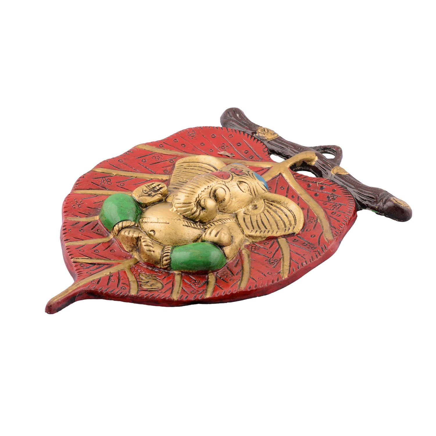 Ecraftindia Lord Ganesha In Green Dhoti On Red Leaf Wall Hanging