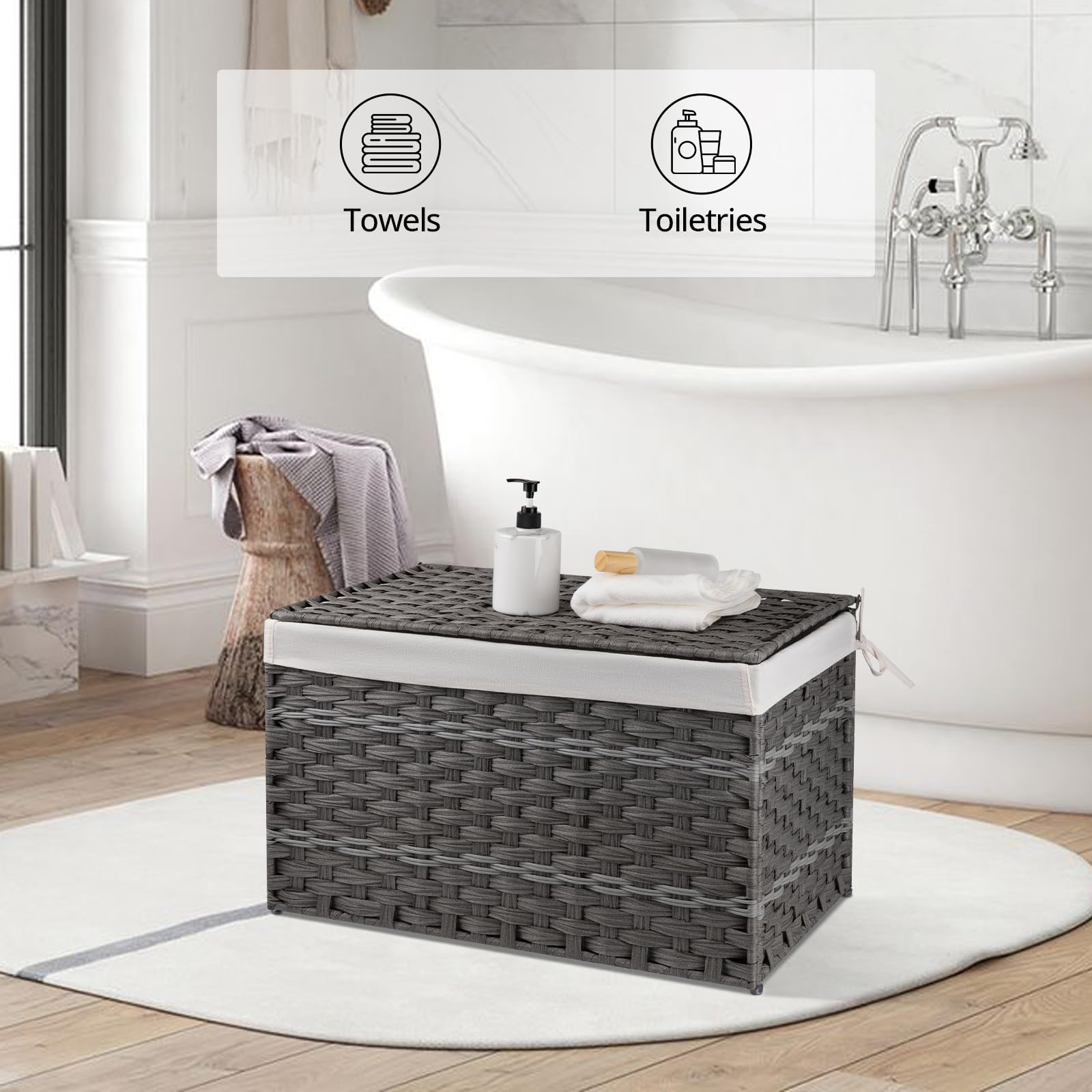Oiahomy Storage Basket With Lid, 27.7 Gallon (105L) Blanket Basket With Removable Liner Bag, Synthetic Wicker Basket With Handle