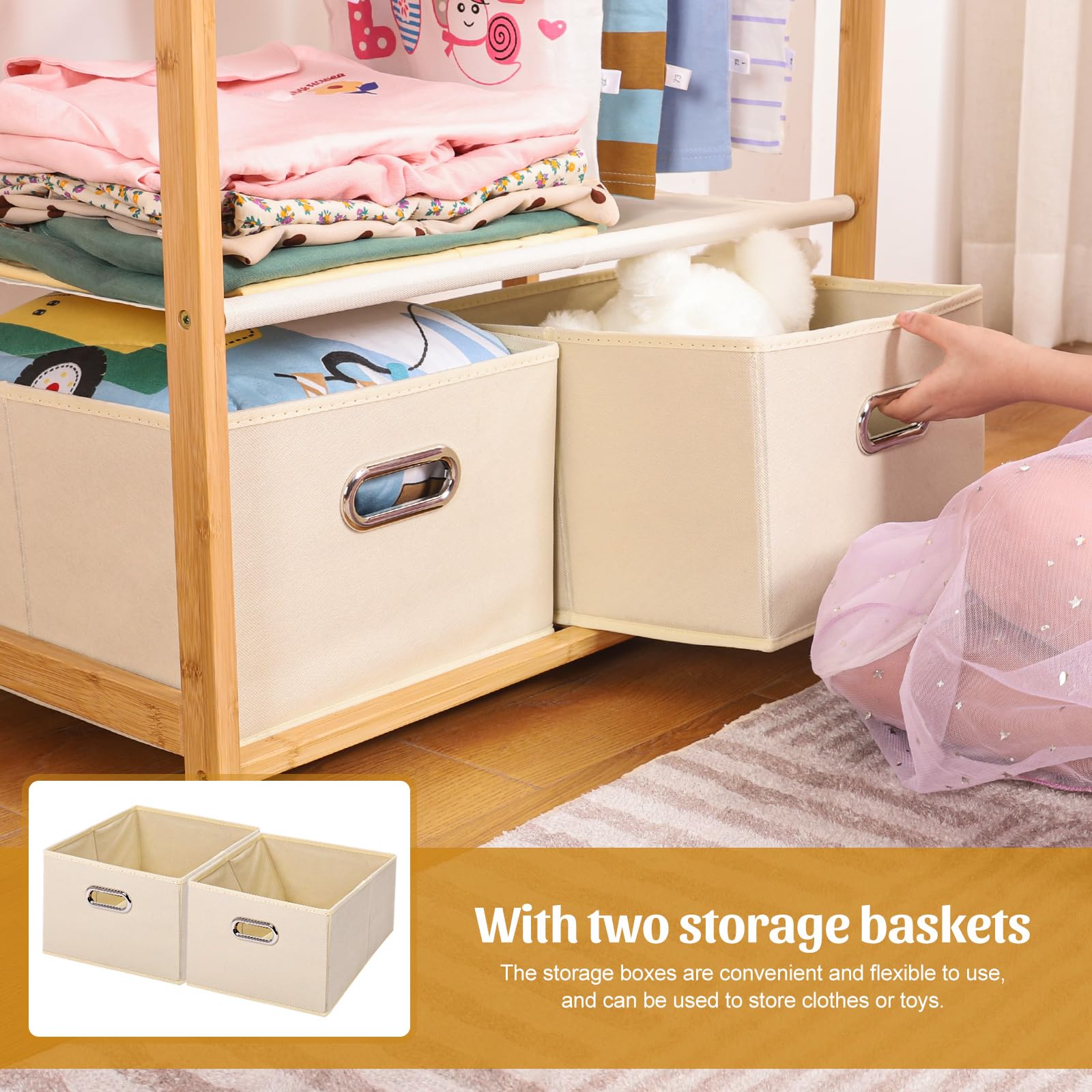 Vilaxing Kids Clothing Rack Bamboo With 2 Storage Baskets And 2 Adjustable Hanging Rods,Child Garment Rack,Dress Up Rack For Pla