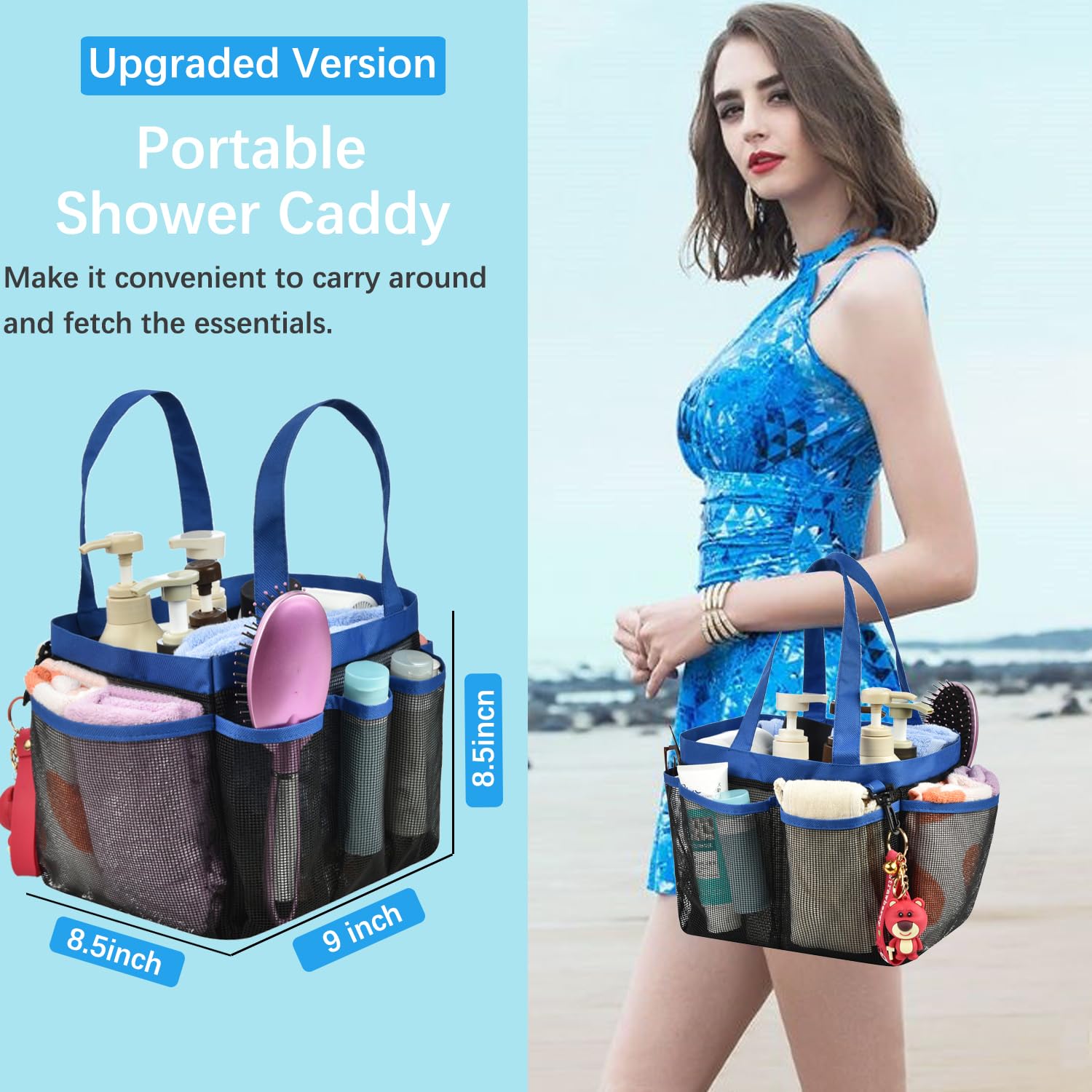 Haundry Mesh Shower Caddy Tote  Large College Dorm Bathroom Caddy Organizer with Hook and Handles  8 Basket Pockets for Camp Swimming Travel Gym Beach