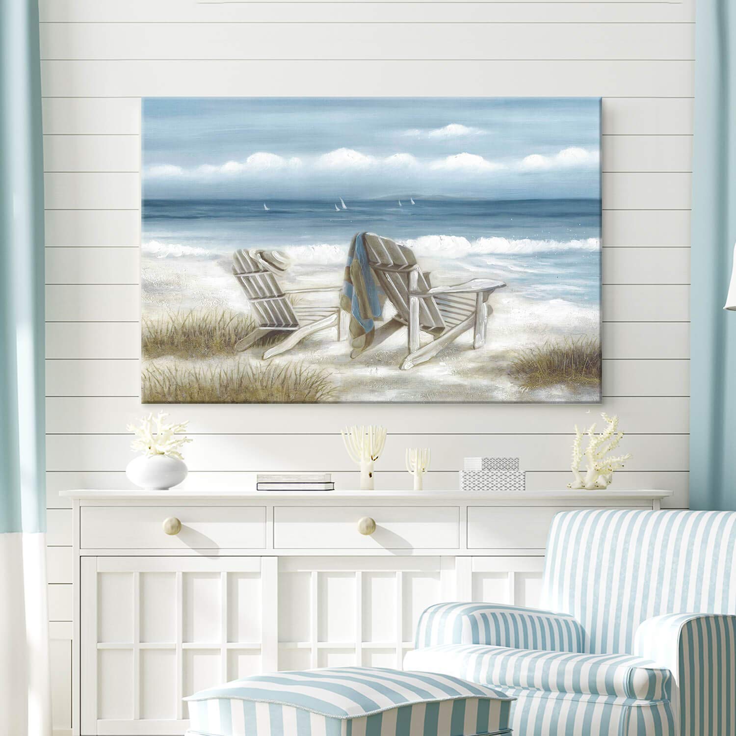 Abstract Beach Picture Wall Art: Seaside Chair Artwork Seascape Canvas Painting For Living Room (45''W X 30''H, Multiple-Sizes/M
