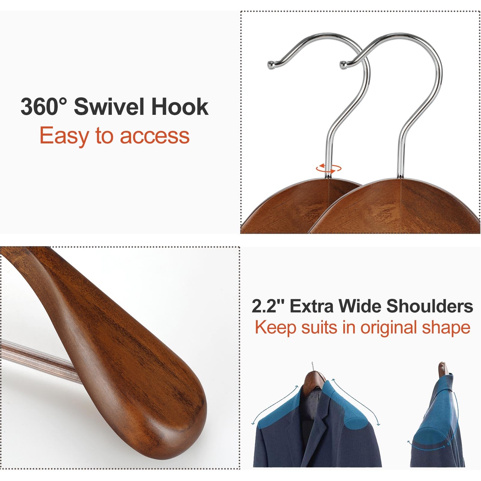 Topia Hanger Wide Shoulder Wooden Hangers, Suit Hangers With Non Slip Pants Bar & 360 Swivel Hook, Solid Wood Heavy Duty Coat Ha