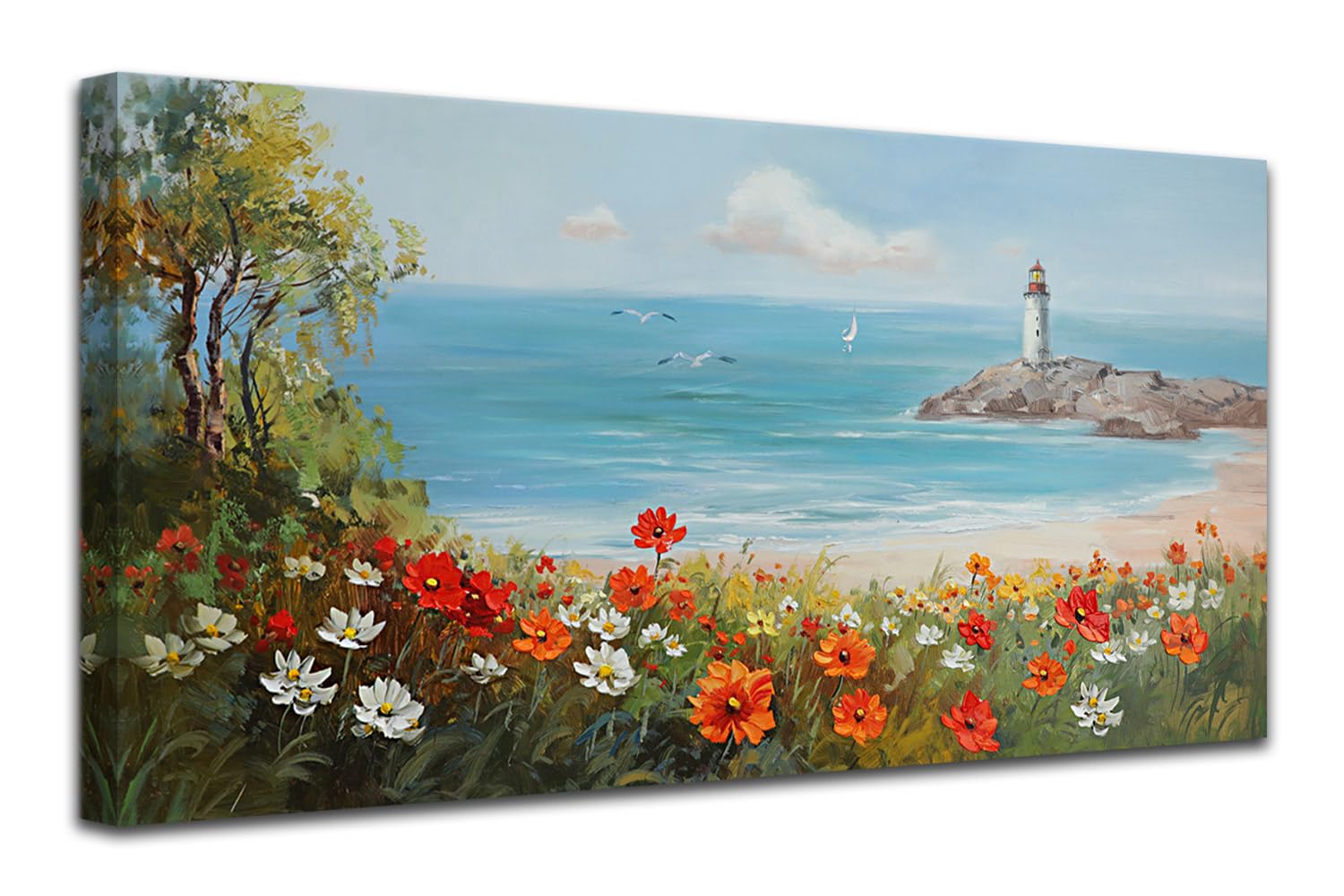Ardemy Flowers Wall Art Canvas Blue Ocean Lighthouse Painting Seascape Landscape Coastal Picture Textured Floral Artwork Large F