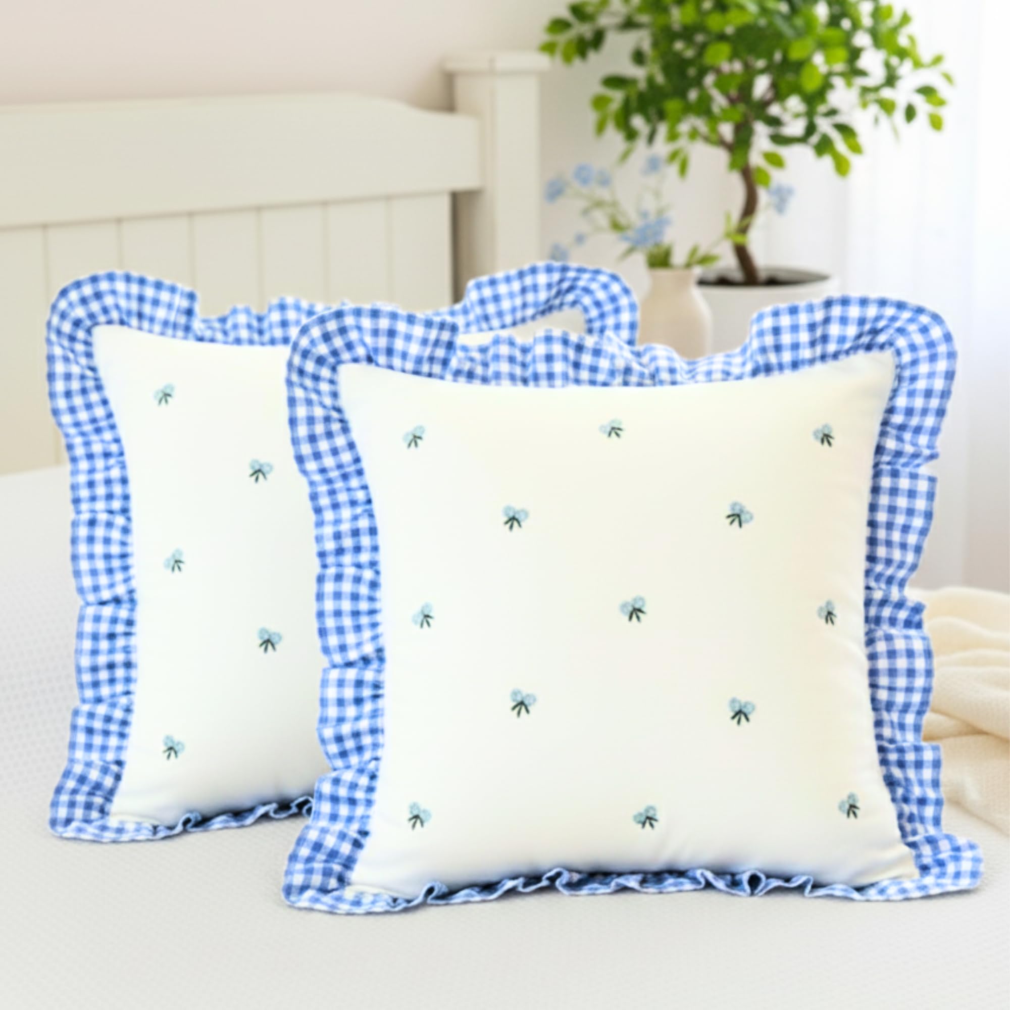 Sleepy Threads Cotton Cushion Cover Blue & White | Pack Of 2 | Square Floral Embroidered With Ruffle Frill Edging Throw For Sofa
