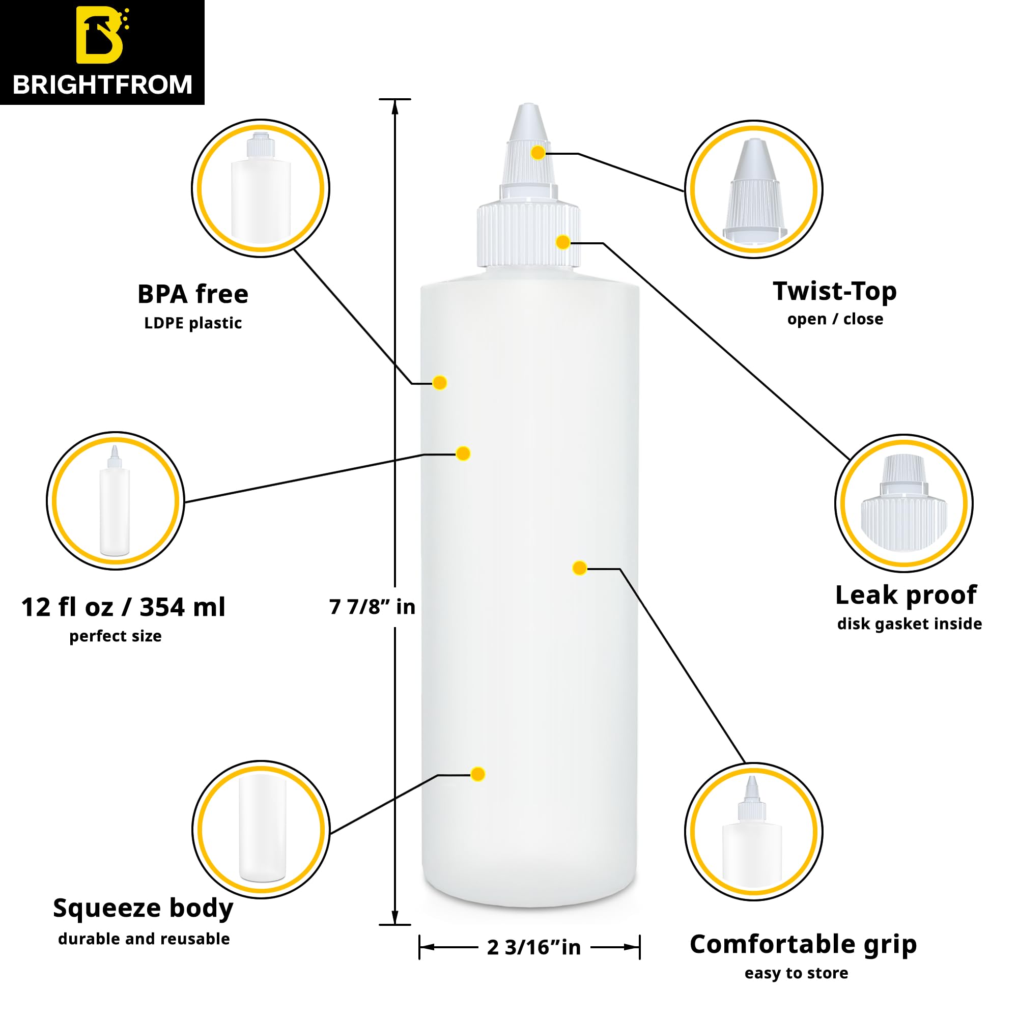 BRIGHTFROM 12 OZ Squeeze Bottles - Leak Proof Twist Top, BPA Free Plastic, 4 Pack for Sauces, Dressings, Crafts