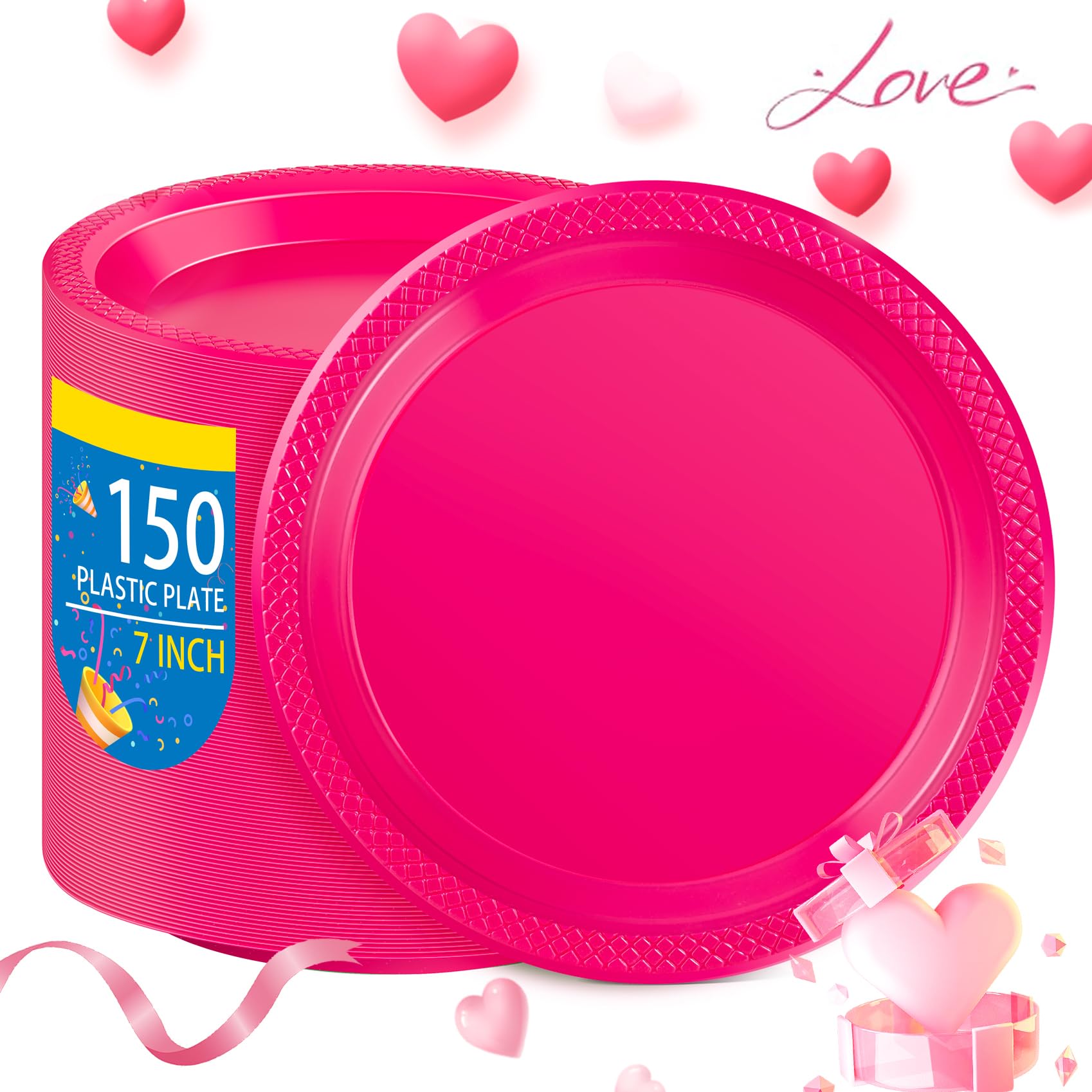 Wellife Hot Pink Party Plates 7 Inch -150 Count, Plastic Disposable Dessert Plates For Party Valentine'S Day Cake Appetizers Sal