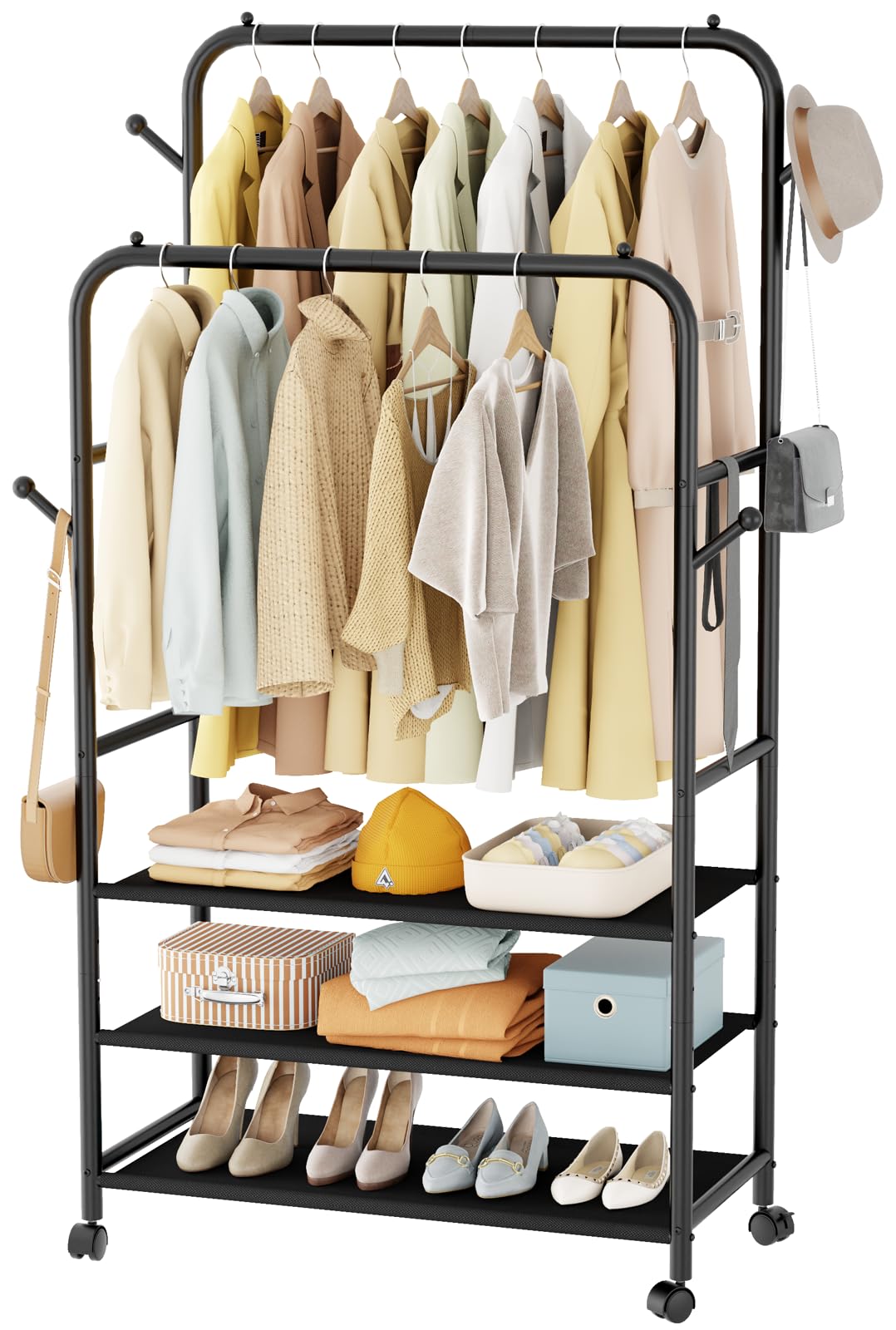 Furologee Double Rods Clothing Rack With Wheels And 3-Tier Storage Shelf, Clothes Rack For Hanging Clothes With 4 Hooks, Portabl