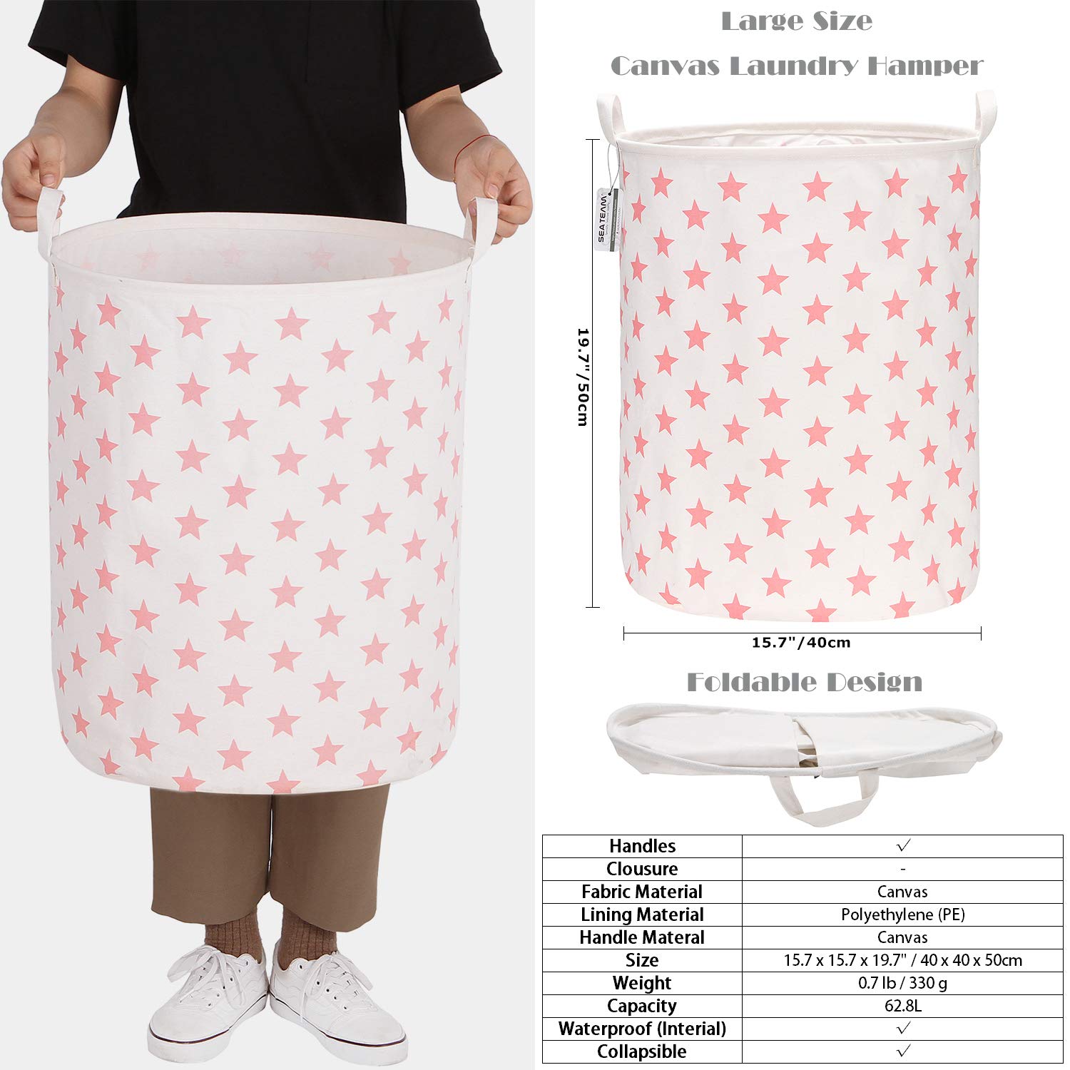 Sea Team 19.7 Inches Large Sized Waterproof Coating Ramie Cotton Fabric Folding Laundry Hamper Bucket Cylindric Burlap Canvas St