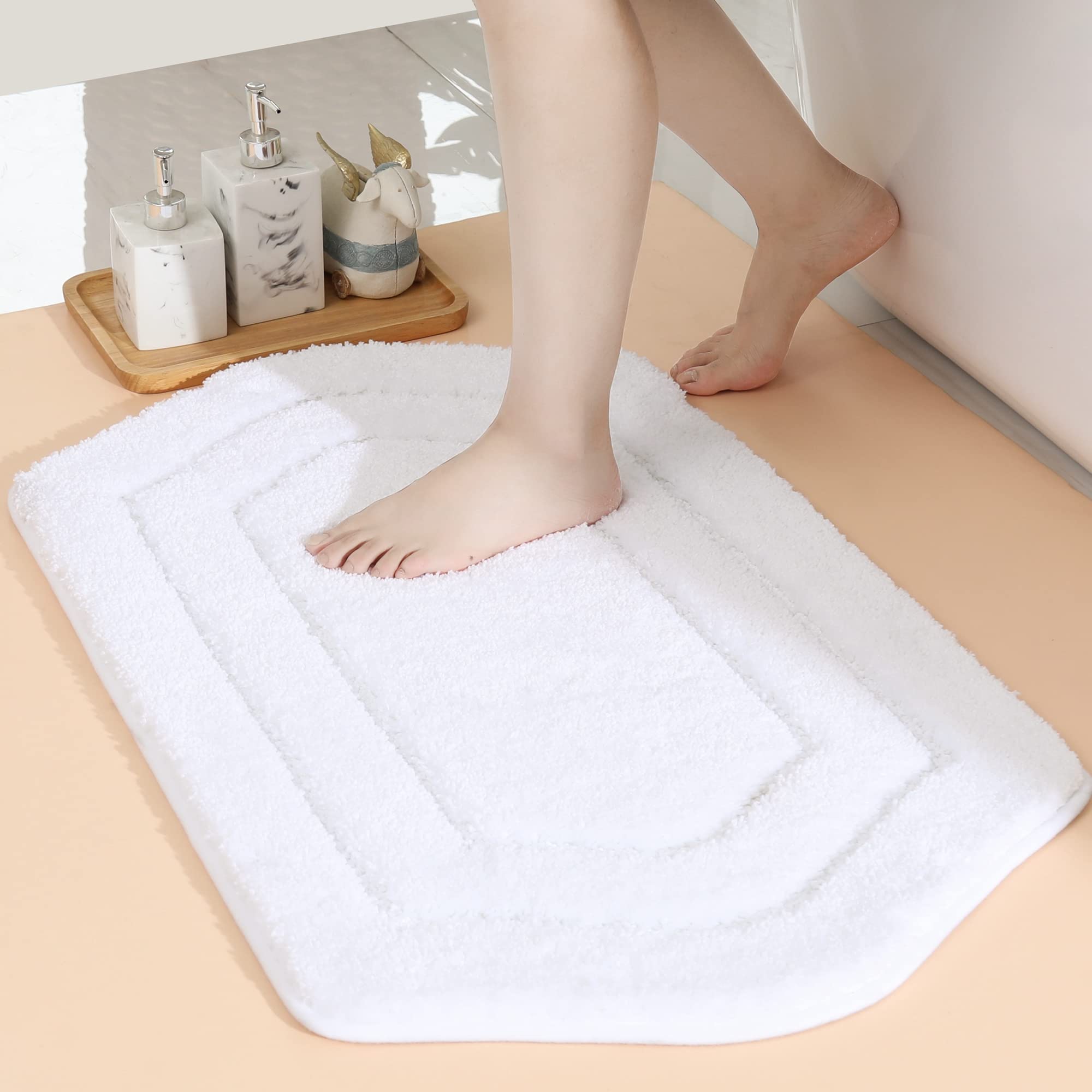 COSY HOMEER Extra Thick Bath Linen Sets Rugs for Bathroom - Anti-Slip Bath Mats Soft 100% Strong Polyester Living Room Bedroom Water Absorbent(White 17x27 - Inches)