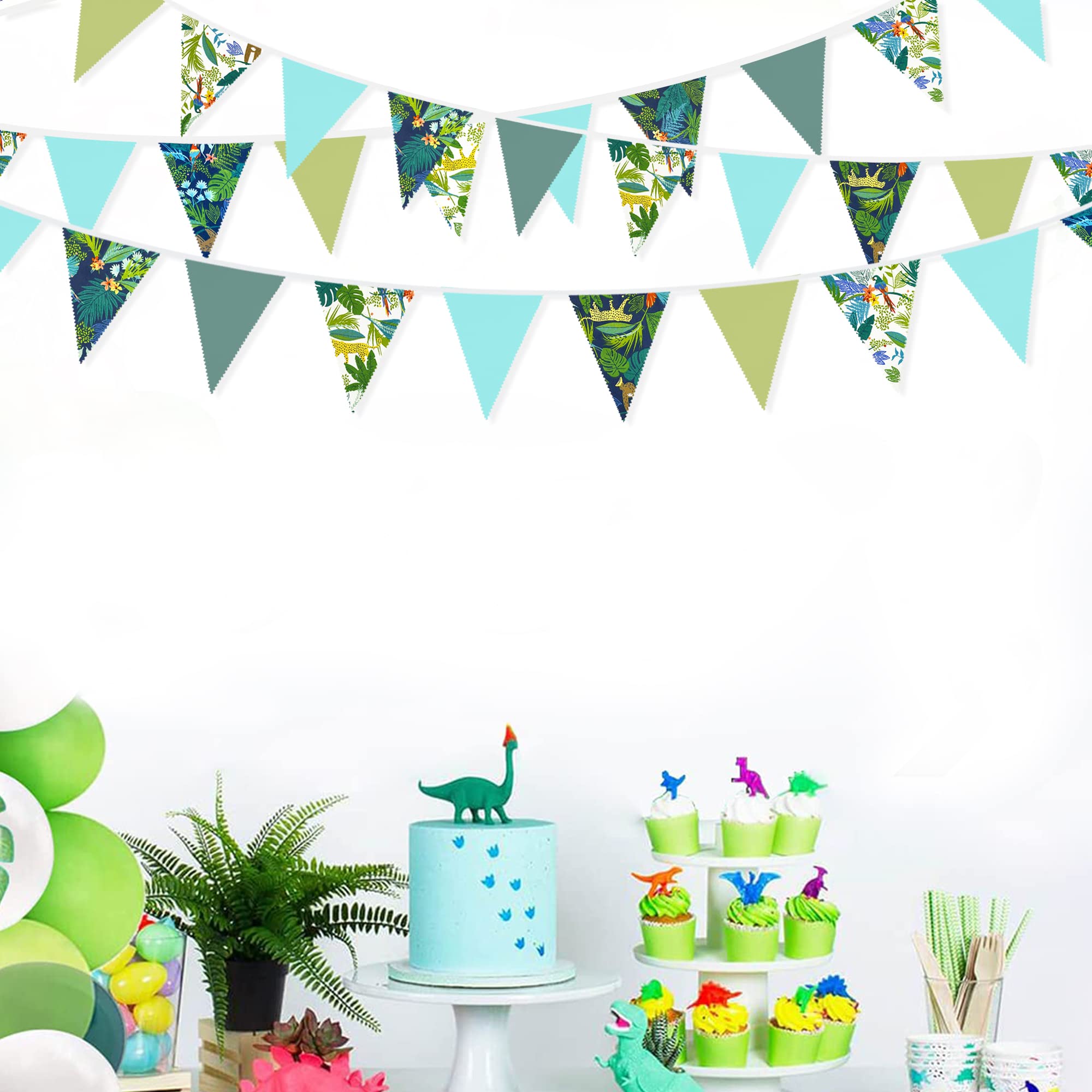 32Ft Teal Blue Green Summer Tropical Leaves Wild Animals Printed Pennant Banner Fabric Triangle Flag Cotton Bunting Garland For