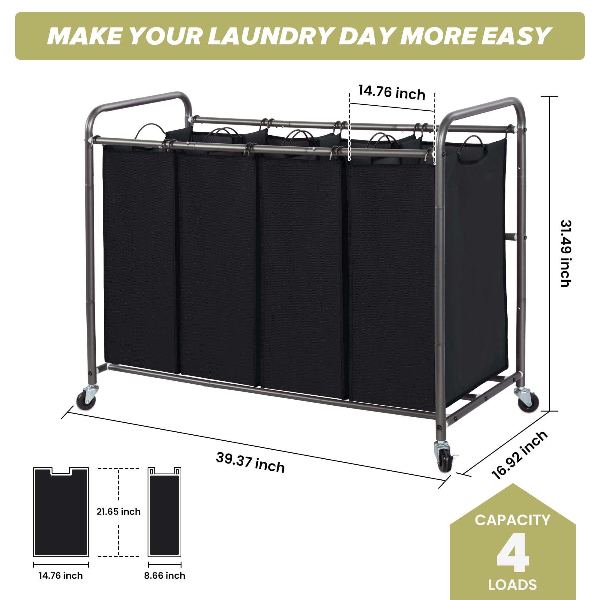 Storageideas Laundry Sorter Hamper With Wheels, Heavy-Duty Laundry Sorter Rolling Cart, Lockable Wheels And Removable Bags, 4 Se