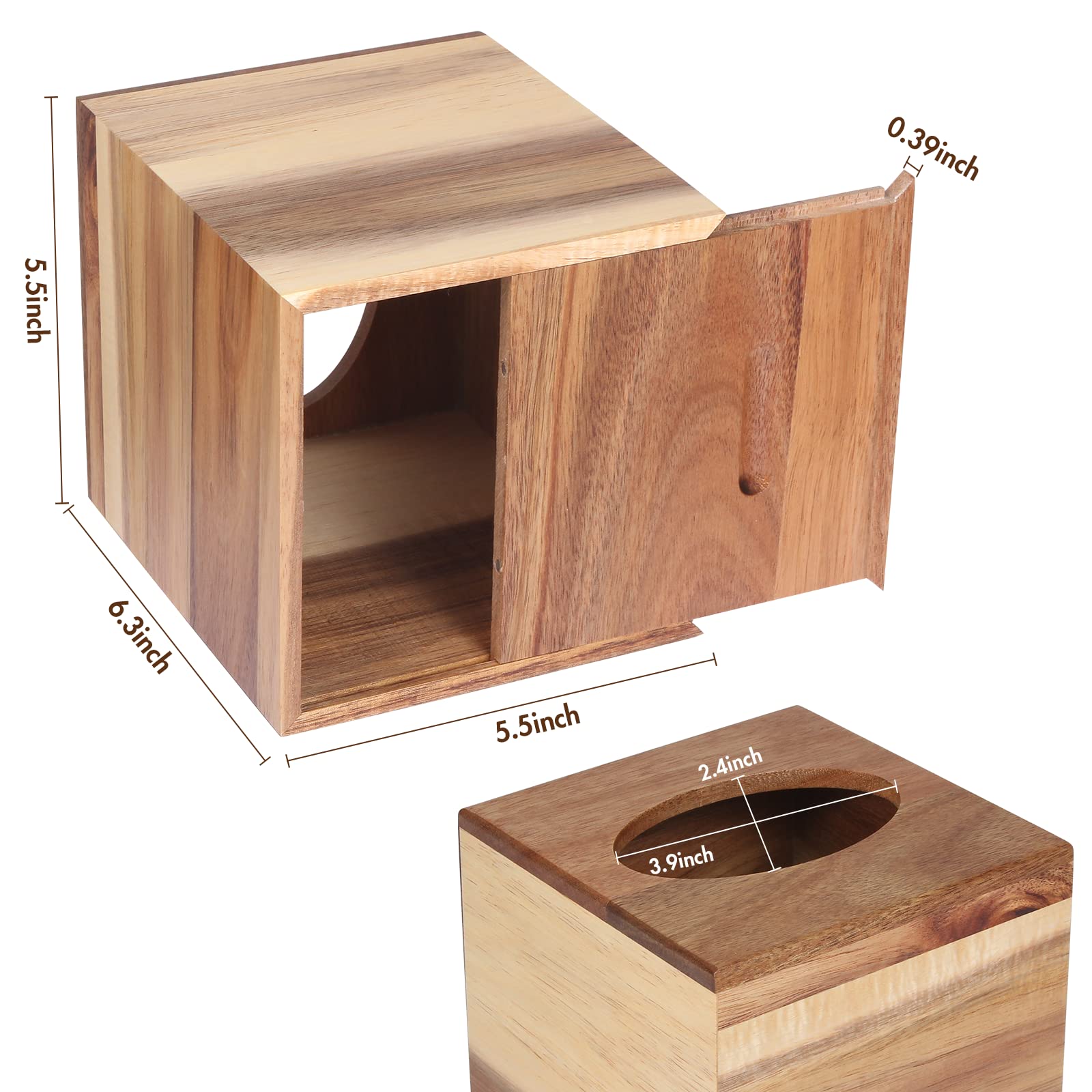 Reviaras Tissue Box Cover, Acacia Wood Tissue Box Cover With Slide-Out Bottom, Tissue Box Cover Square For Bathroom, Bedroom, Di