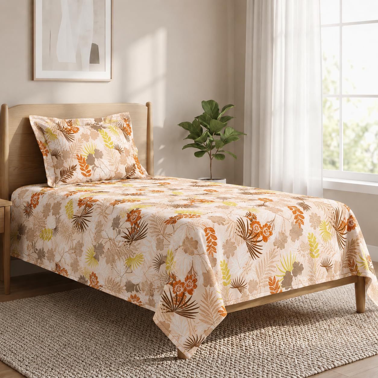 LANE LINEN 100% Cotton Printed Single Size Bedsheet  Rust Yellow