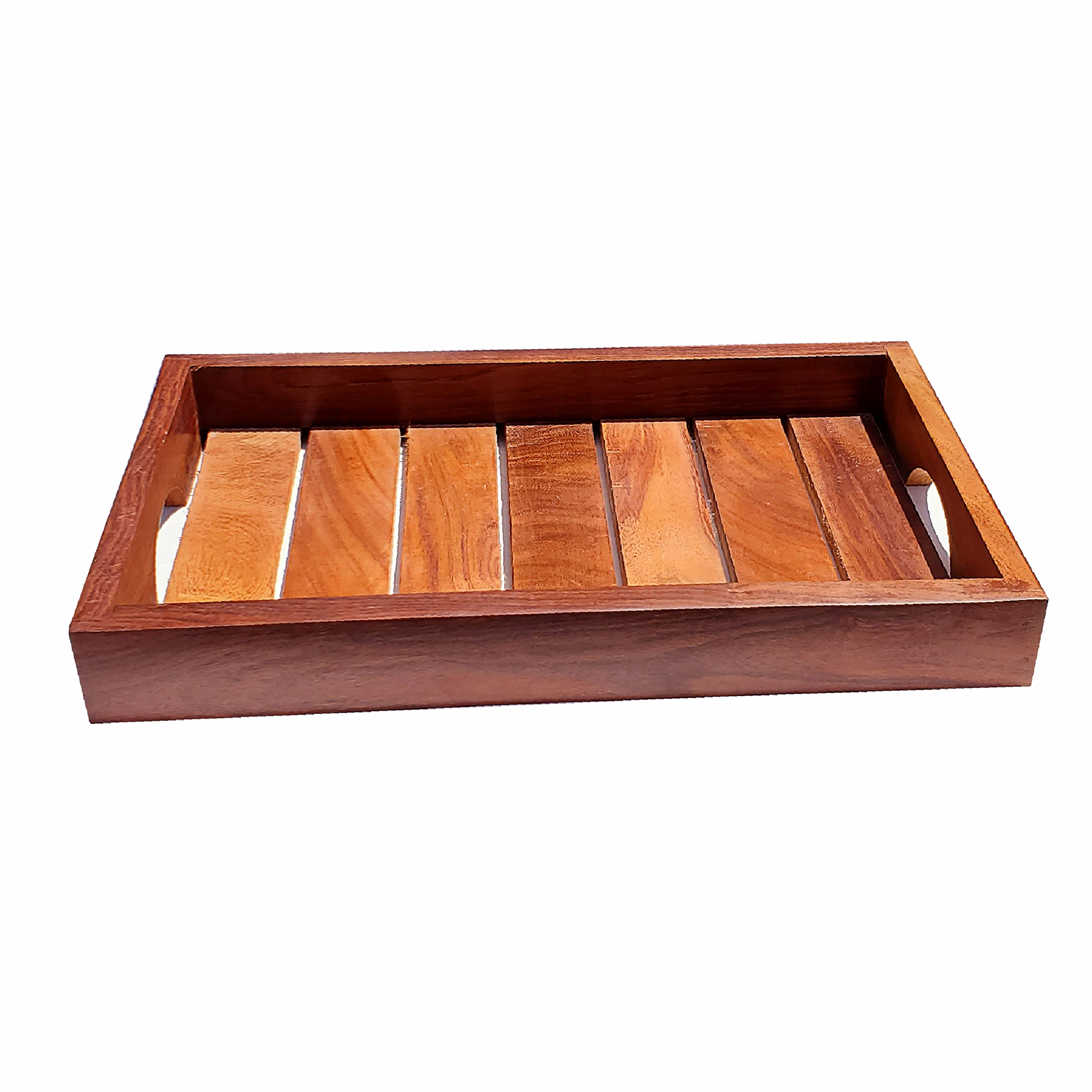 Pure Source India Wooden Serving Trays With Handles, Rustic Nesting Trays Stackable Platters For Serving Cakes, Pastries, Snacks