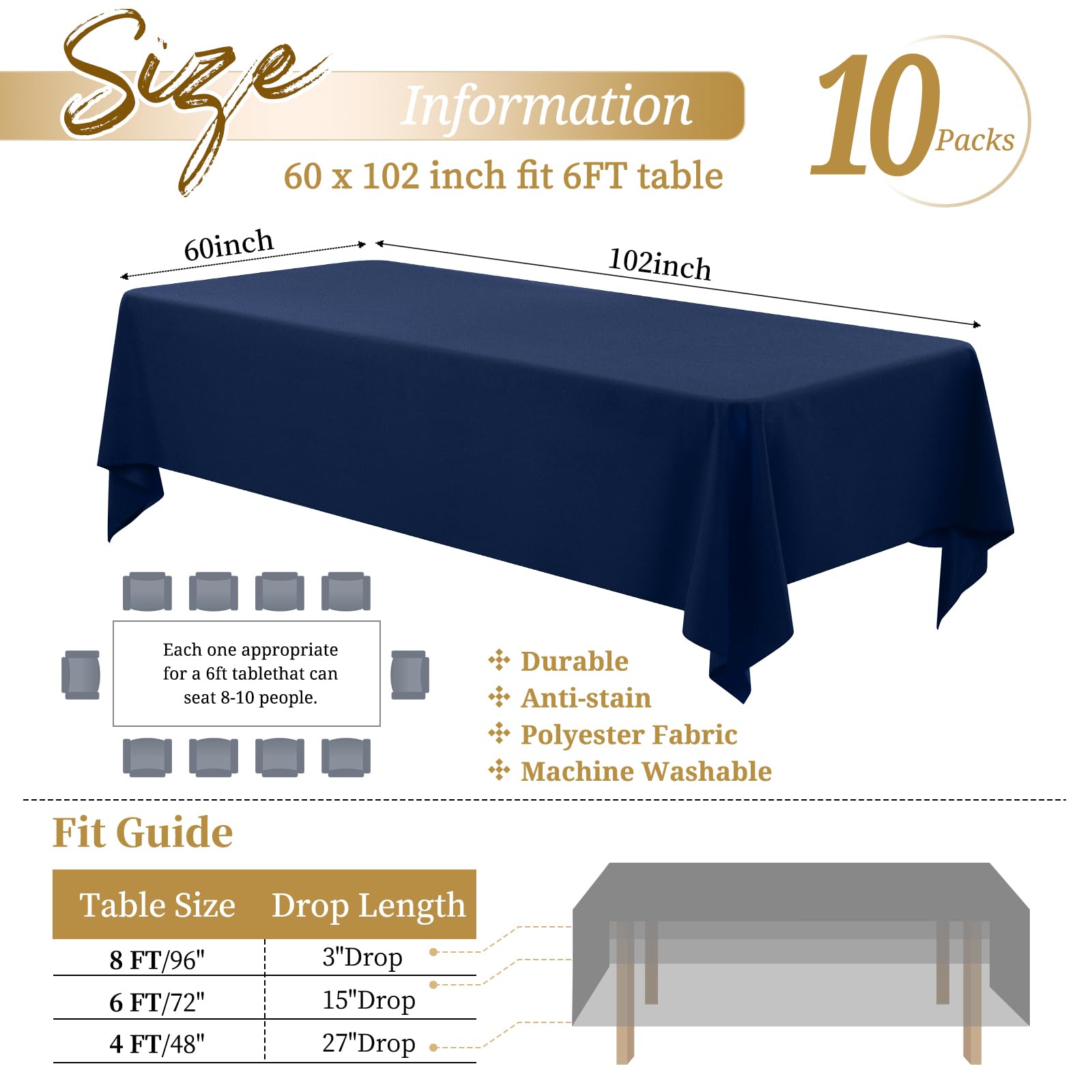 Showgeous 10 Pack Table Cloth Navy Blue Tablecloth 60 X 102 Inch, Rectangle Table Cloth For 6 Foot Table, Wrinkle Resistant Wash