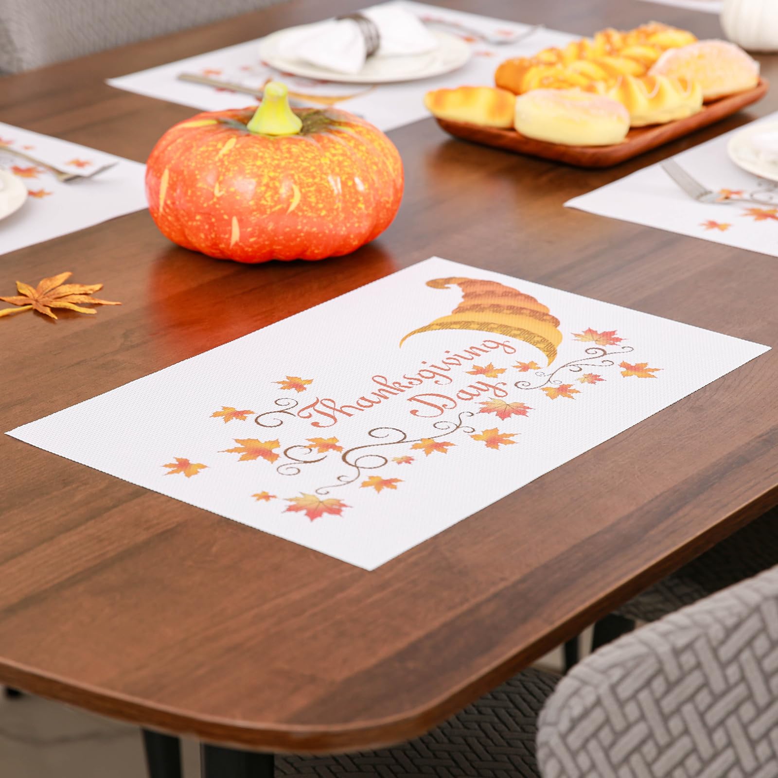 Banchif Thanksgiving Placemats Set of 6 Fall Place Mats Pumpkin Maple Leaves Table Mats Washable Non-Slip Heatproof Woven Placem