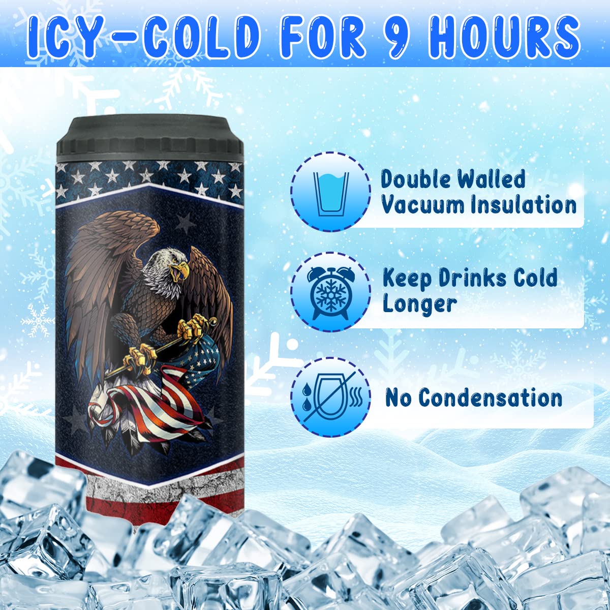 Winorax American Flag Can Cooler Tumbler 4-In-1 Eagles America Usa Flag Stainless Steel Insulated Coffee Travel Mug 16Oz Cup Wit