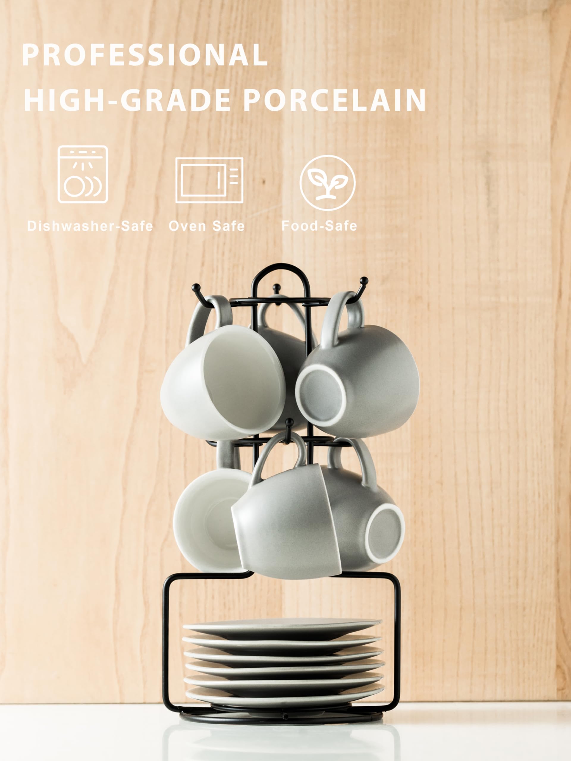 Yhosseun Porcelain Espresso Cups Set And Metal Stand 3 Oz Demitasse Cup For Coffee Shot, Mugs For Latte, Cafe Mocha, Cappuccino,