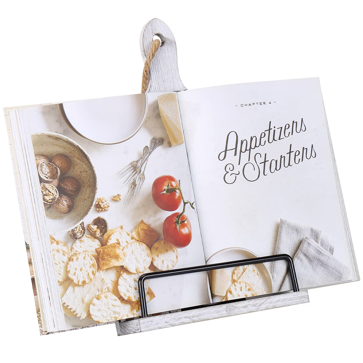 Soligt Cookbook Stand For Kitchen Counter Adjustable Recipe Book Holder Rustic Wood Cutting Board Style - White