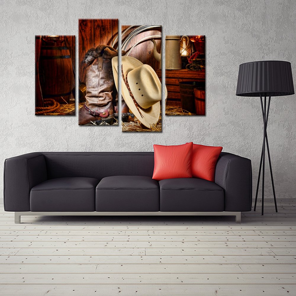 KREATIVE ARTS - 4 Pieces Canvas Prints Wall Art American West Rodeo Cowboy White Straw Hat on Leather Rancher Roper Boots Vintage Style Stretched Gallery Canvas Wrap Giclee Print Ready to Hang