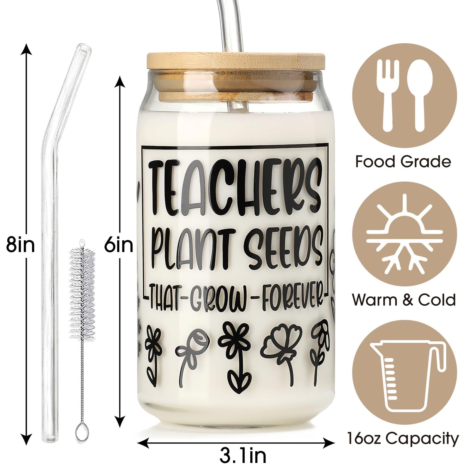 Teacher Gifts For Women - Teacher Appreciation Gifts, 16 Oz Iced Coffee Glass Cup, Teacher Day Gifts, Birthday, Appreciation Wee