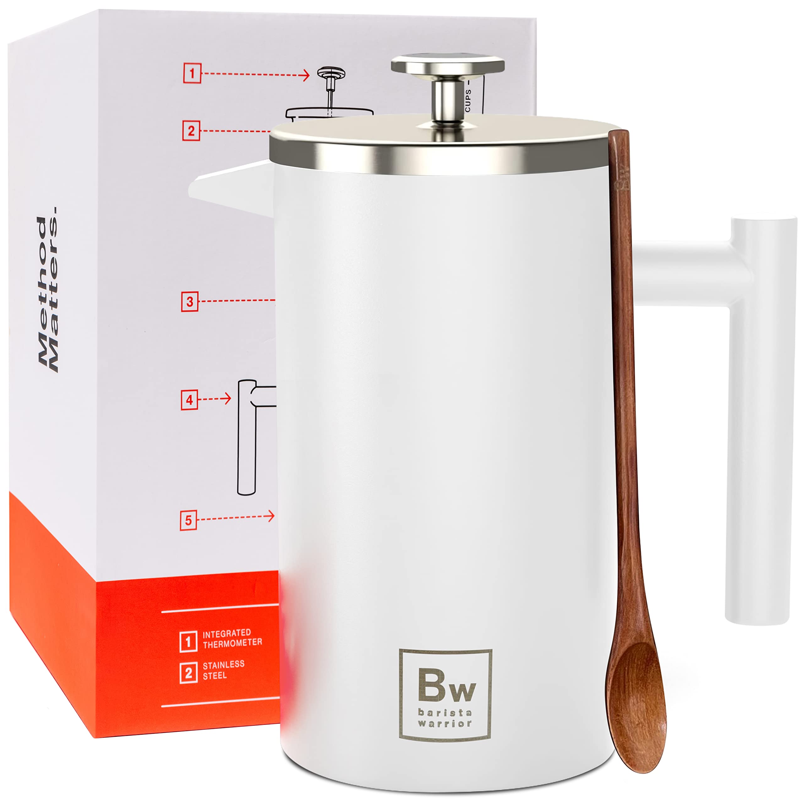 Barista Warrior French Press with Thermometer  Insulated Coffee Press  Stainless Steel French Press Coffee Maker (1.0L | 34 fl