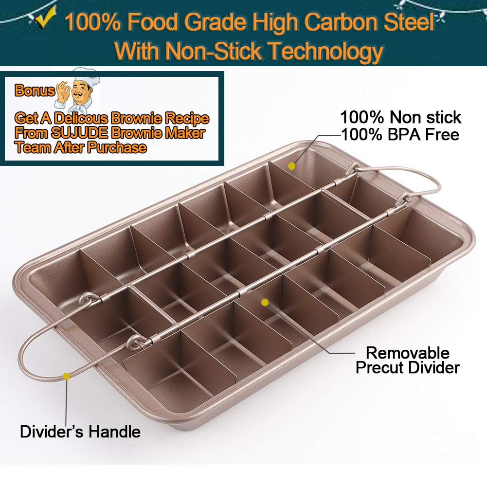 Sujude Non Stick Brownie Pan With Dividers, High Carbon Steel Baking Pan, Makes 18 Pre-Cut Brownies All At Once