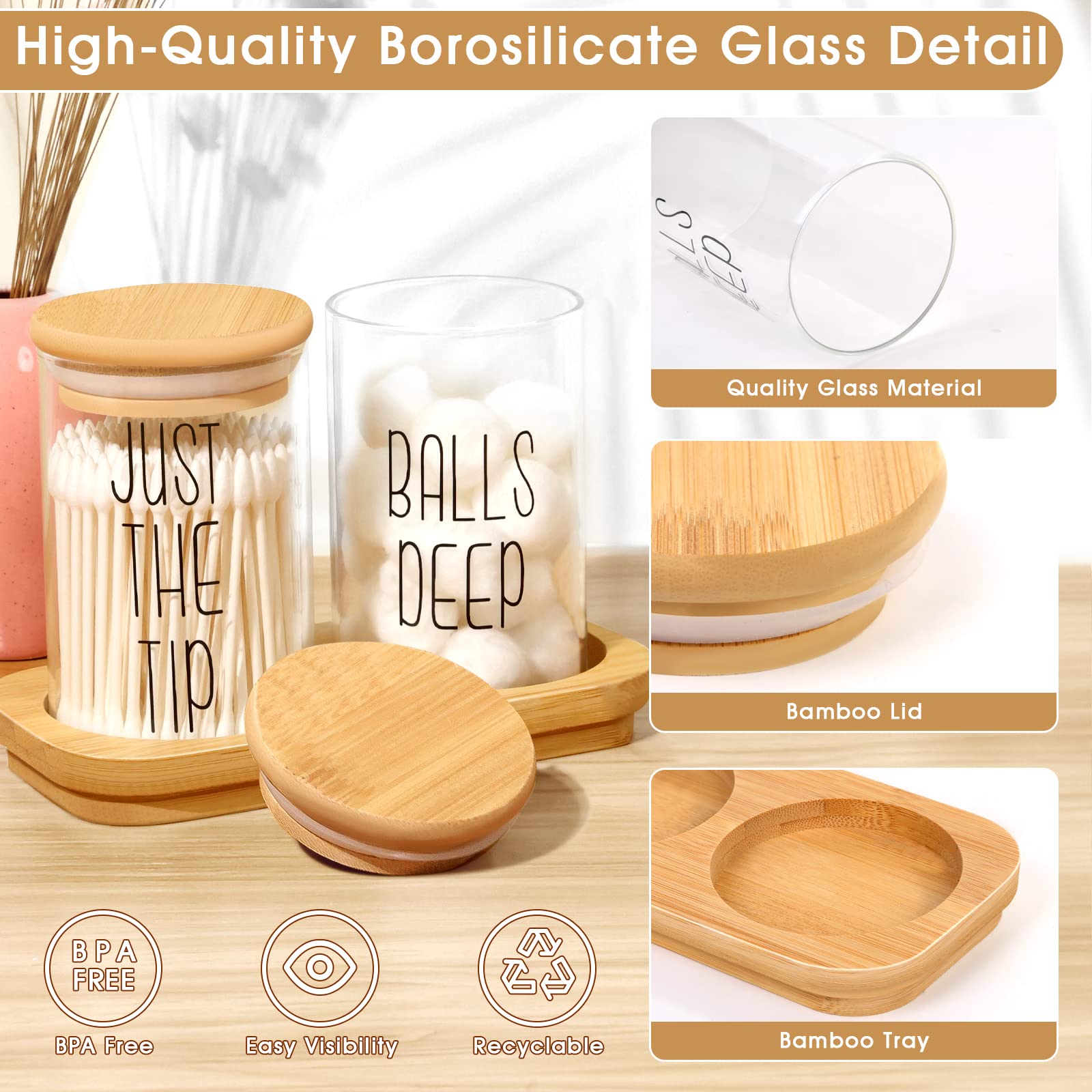Funny Qtip Holder Dispenser 2 Pack Glass Apothecary Jars Canisters With Tray, Cotton Ball Qtip Holder Bathroom Set With Bamboo L