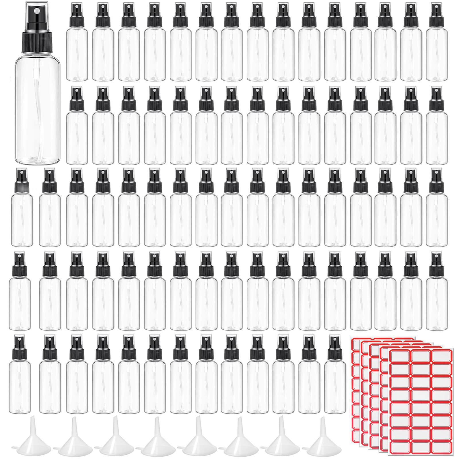 TANEMUDO 120 Pcs 2 oz Plastic Spray Bottles with Black Cap for Mini Spray Bottles, Clear Empty Fine Mist Liquid Container Refill