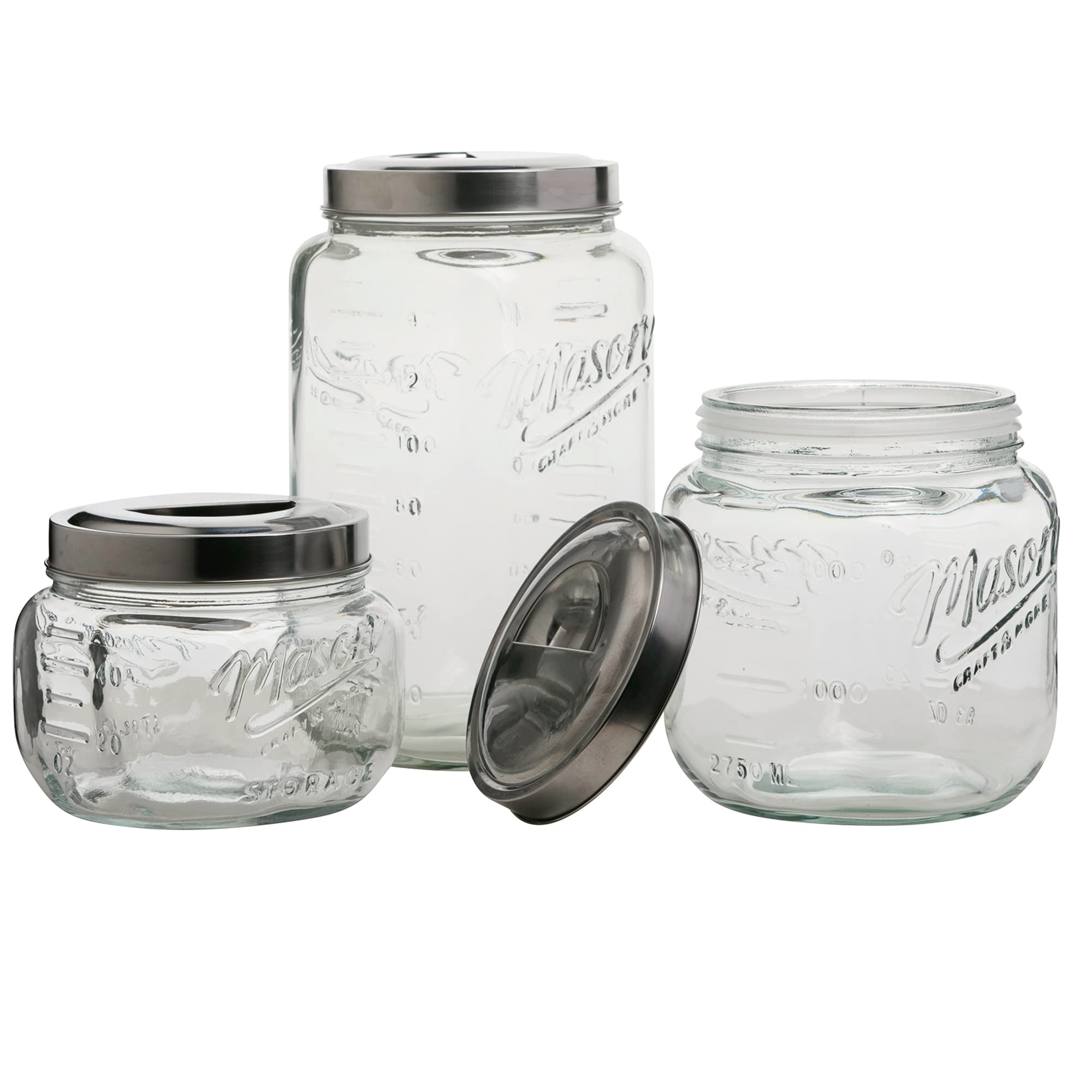 Mason Craft & More Glass Pop Up Canister Set, 3PC (1.6L, 2.75L, 4.6L), Airtight Food Storage, Clear