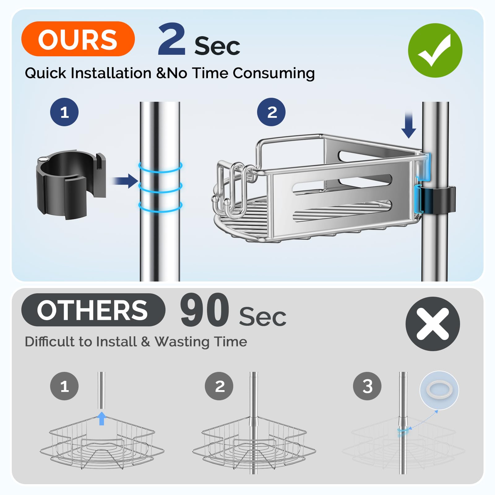 Hamitor Corner Shower Caddy Tension Pole: Quick Installation 4-Tier Rustproof Bathroom Organizer Shelves For Bathtub Shampoo Sto