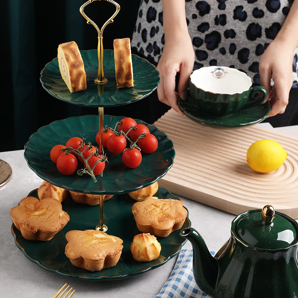 Sweejar 3 Tier Ceramic Cake Stand Wedding, Dessert Cupcake Stand For Tea Party Serving Platter (Jade)
