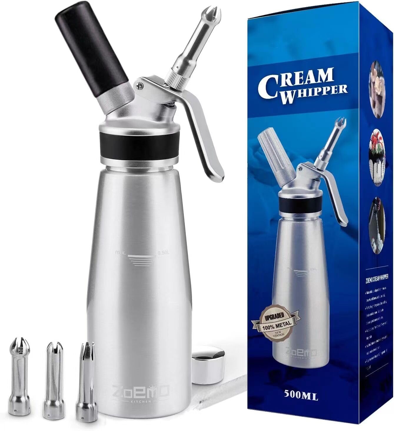Profesional Whipped Cream Dispenser - Ugraded Full Metal Cream Whipper Canister, W/Durable Metal Body & Head With 3 Stainless St