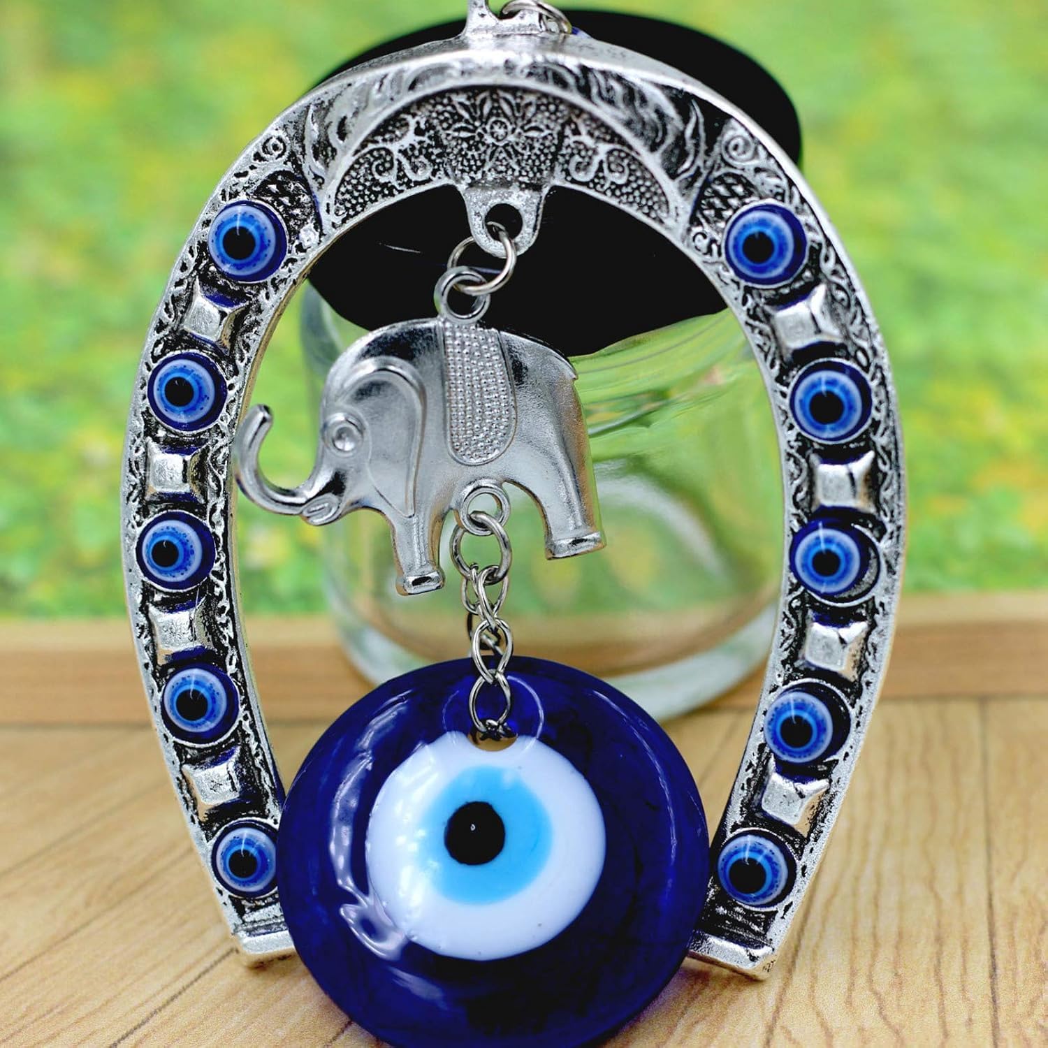 Creative Handmade Evil Eye Fatima's Holy Hand and Horseshoe Evil Eye Talisman Pendant Decoration, Good Luck Charm, Office, Car D