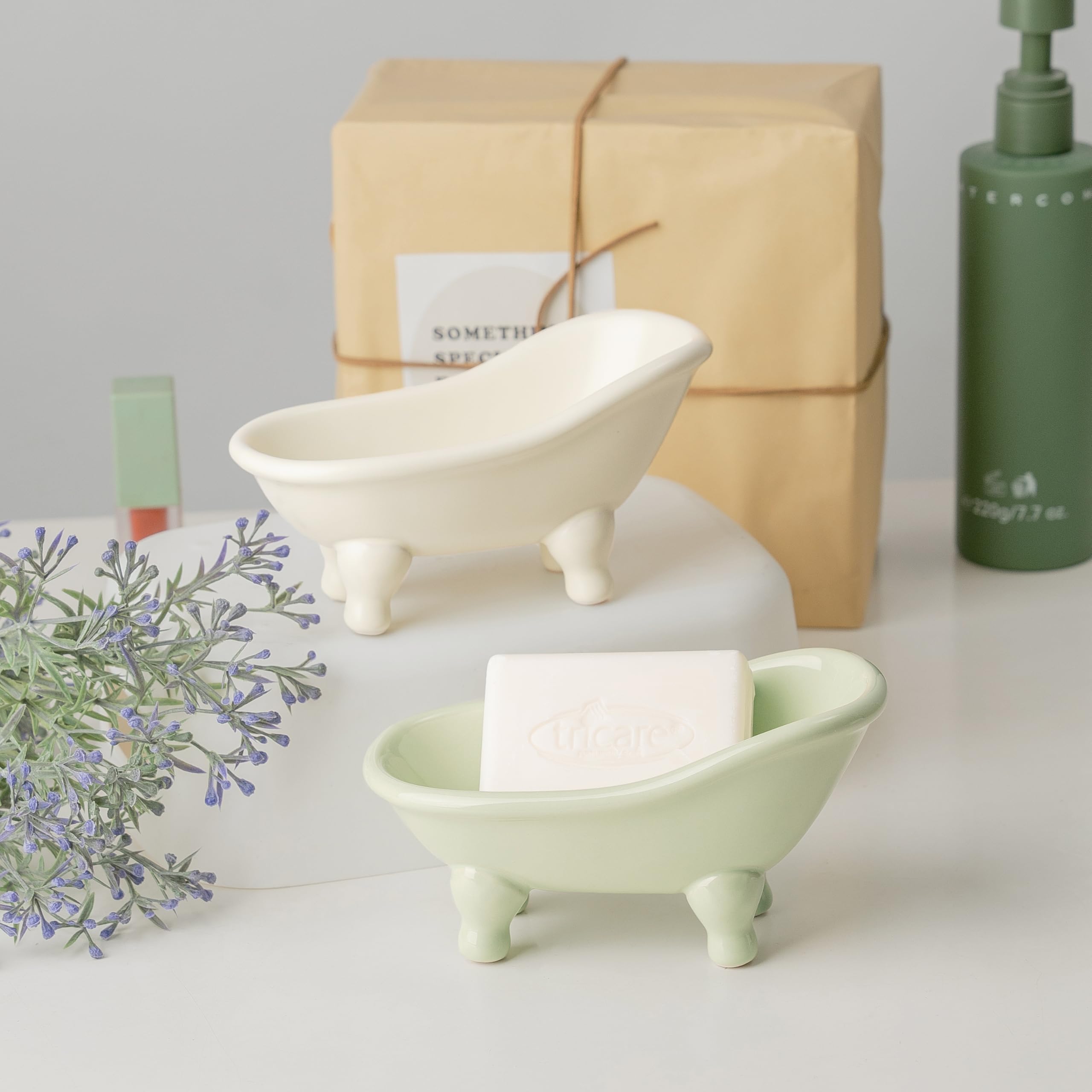 5.6'' Ceramic Mini Bathtub Soap Dish Decortative Clawfoot Bathroom Soap Dish (Green Tea)