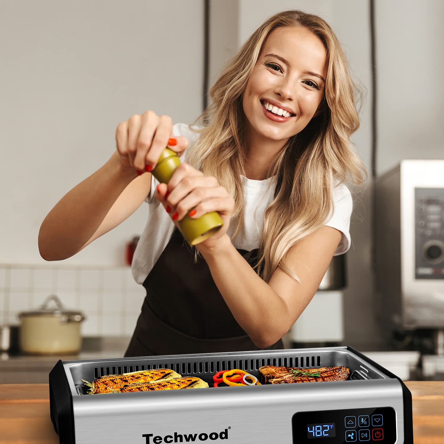 Indoor Smokeless Grill Techwood 1500W Electric Grill With Tempered Glass Lid & Led Smart Control Panel, 8-Level Control Korean B