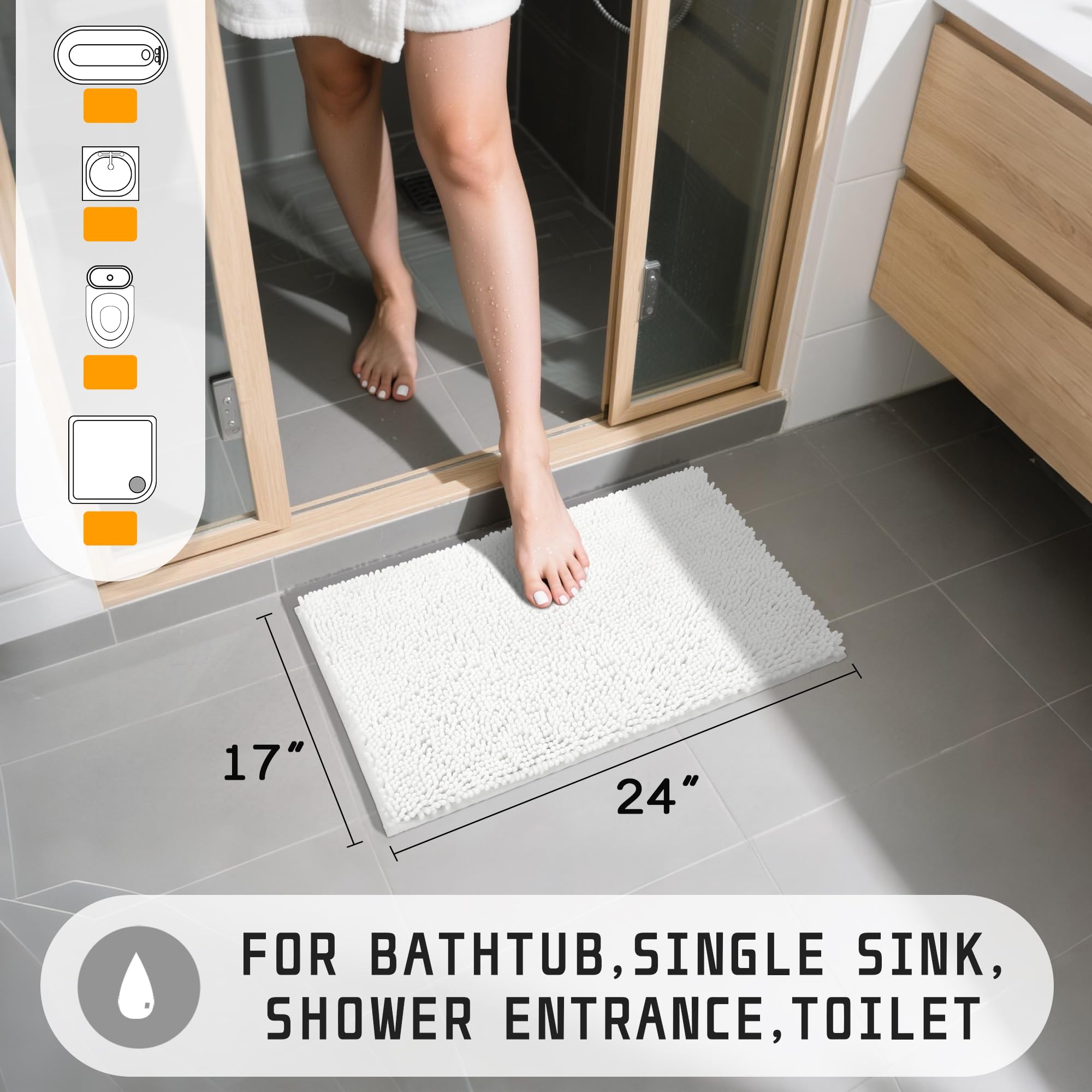 Yimobra Chenille Bathroom Rug  Extra Soft Shaggy Bath Rugs  Non-Slip Bathroom Floor Mat  Water Absorbent  Thick Durable  Machine Washable  Plush Microfiber Rugs for Shower Bathtubs  24x17 Bright White