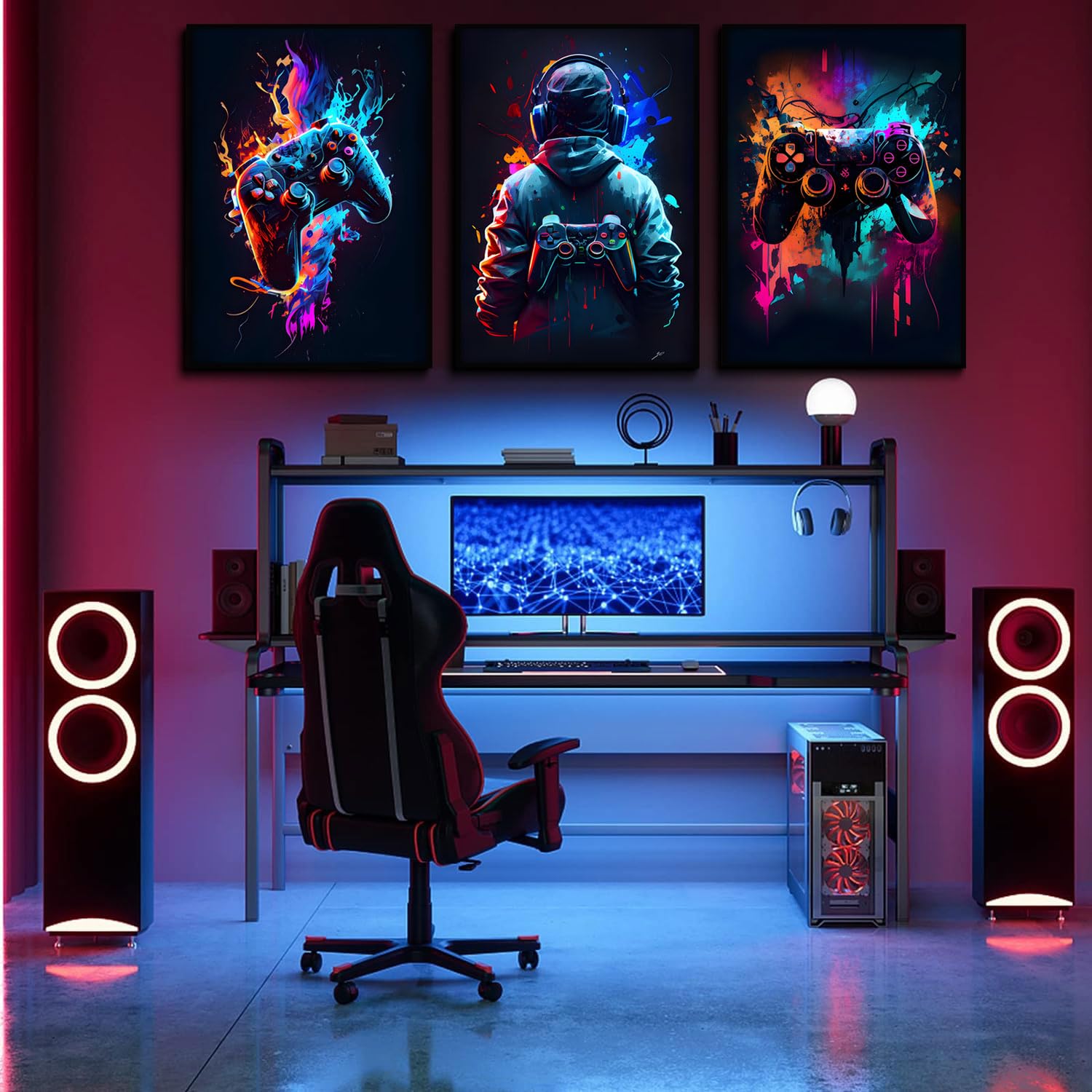 3Pcs Cool Gaming Wall Art Retro Video Game Watercolor Posters Pictures Colorful Neon Gamepad Canvas Painting Prints For Boys Roo