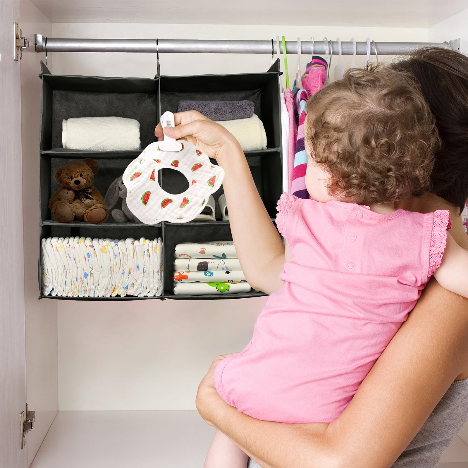 Alltidyup Dual-Row 3 Tier Shelf Hanging Closet Organizers And Storage, 6 Pockets Clothes Storage Shelves With 3 Sturdy Hooks For