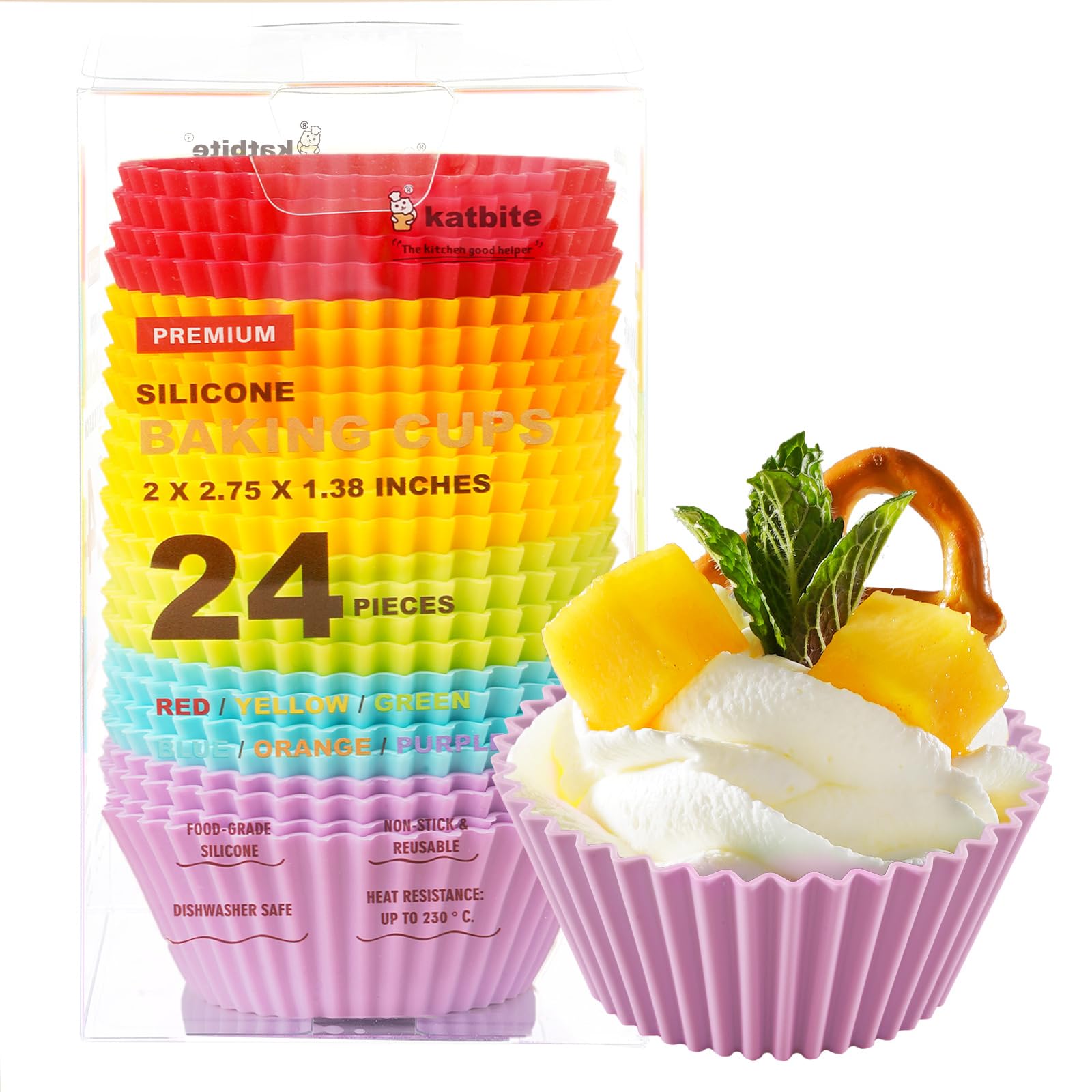 Katbite Reusable Silicone Baking Cups 24 Pack - Non-Stick Muffin Cupcake Liners Set, Thick & Heavy Duty Cupcake Molds - Perfect