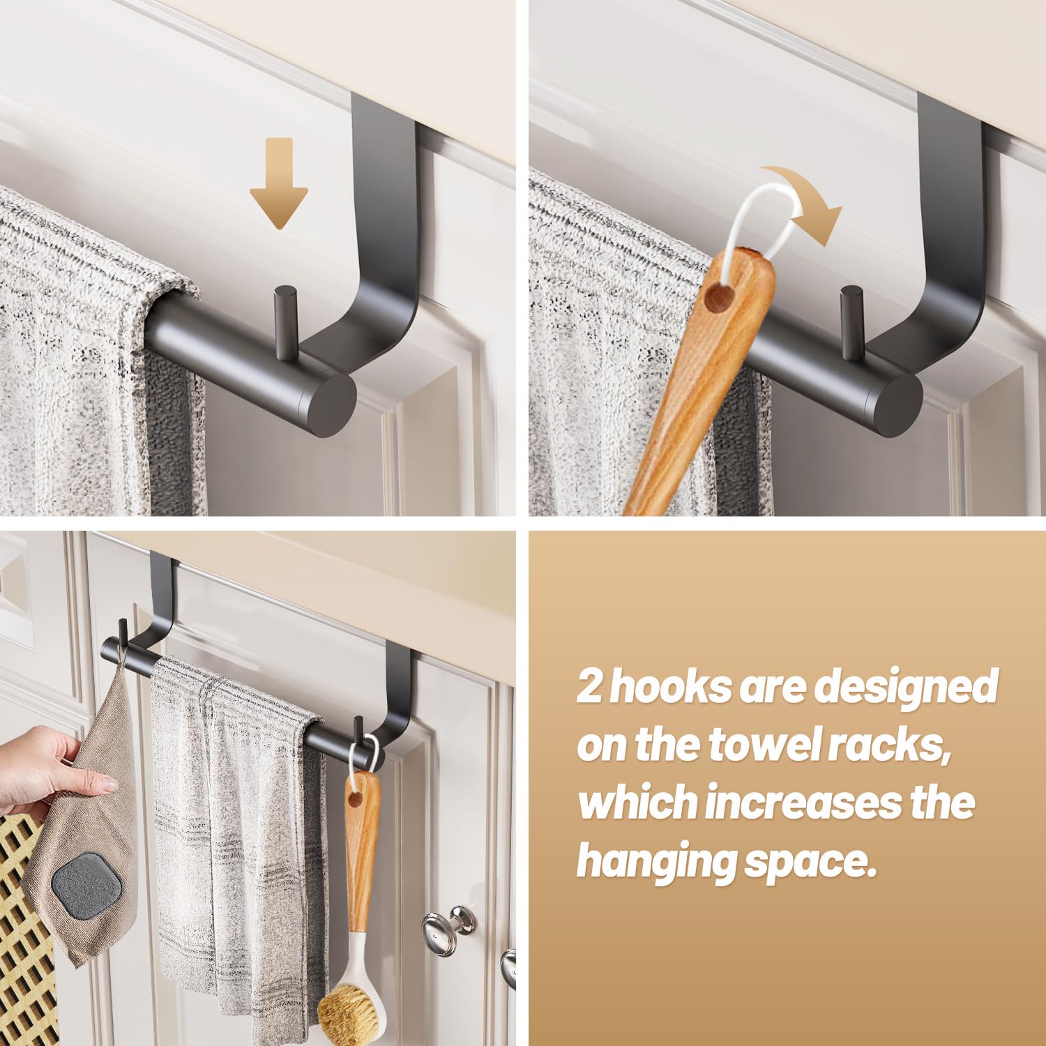 Vehhe Kitchen Towel Holder-2Pcs, 9-Inches, Dish Towel Holder With 2 Hooks, Over Cabinet Towel Bar With Eva Foam Pads, Over The D
