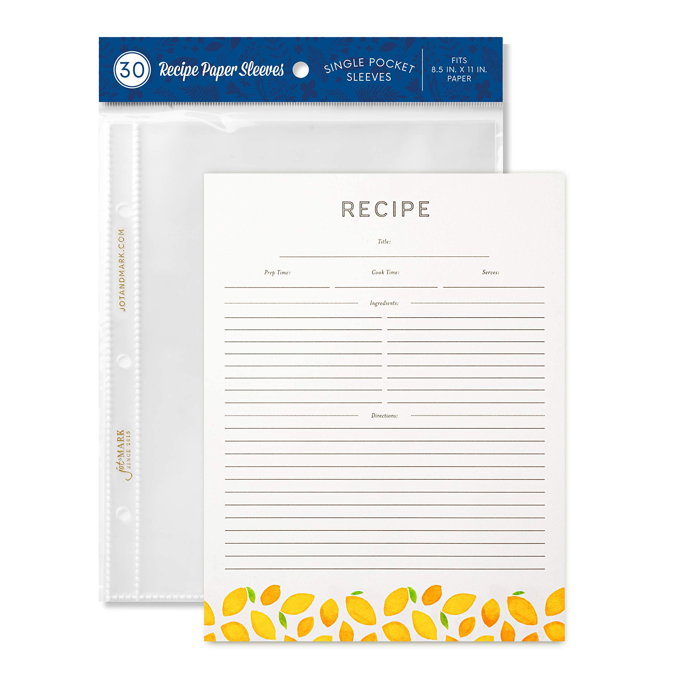 Jot & Mark Recipe Card Paper Full Page 8.5X11 With Crystal Clear Page Protectors For 3 Ring Binder, 30 Count (Lemon Twist)