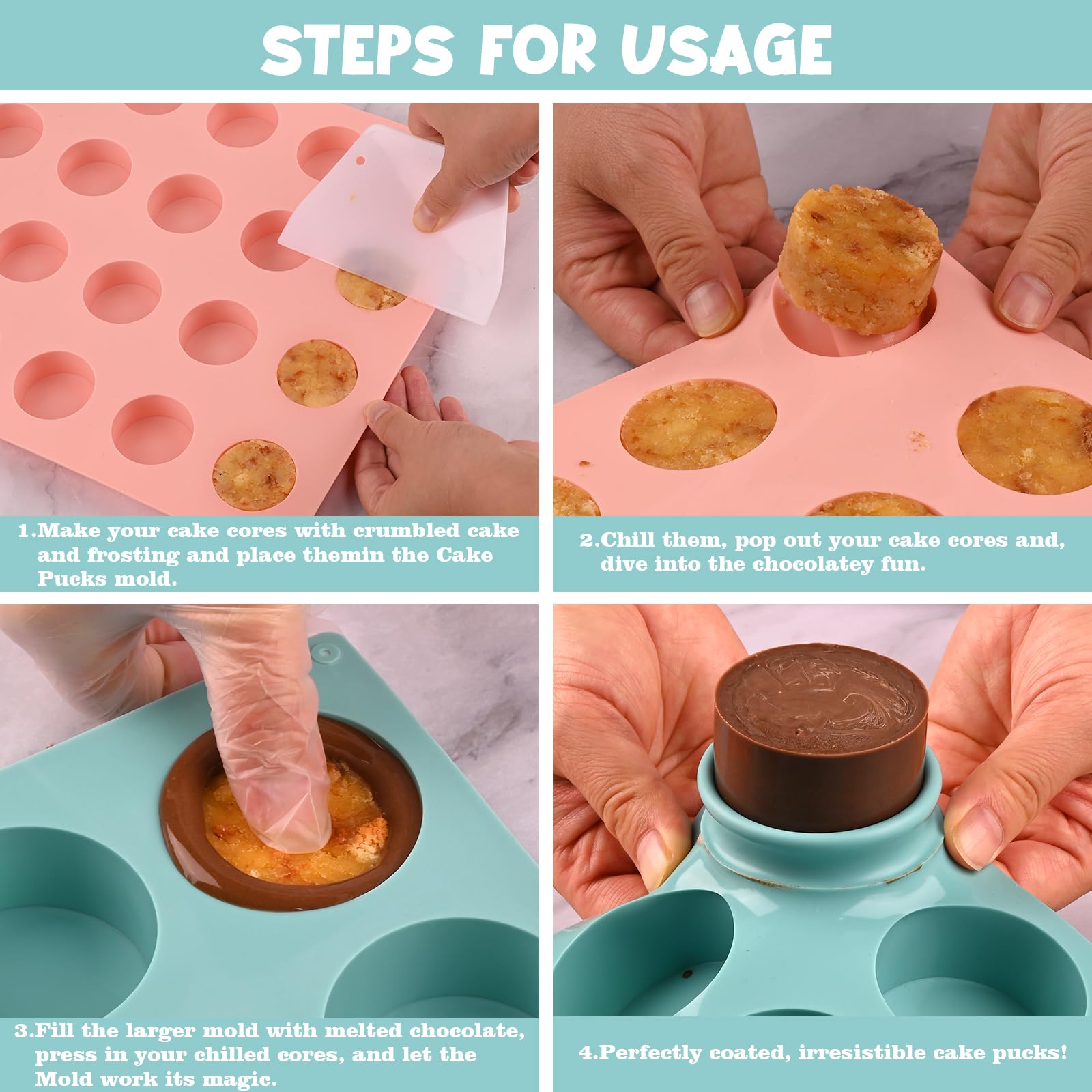 Actvty Cake Puck Mold Set, Chocolate Covered Cake Silicone Molds, 24-Cavity Round Cake Pop Molds With 2 Spatulas For Diy Cake Co