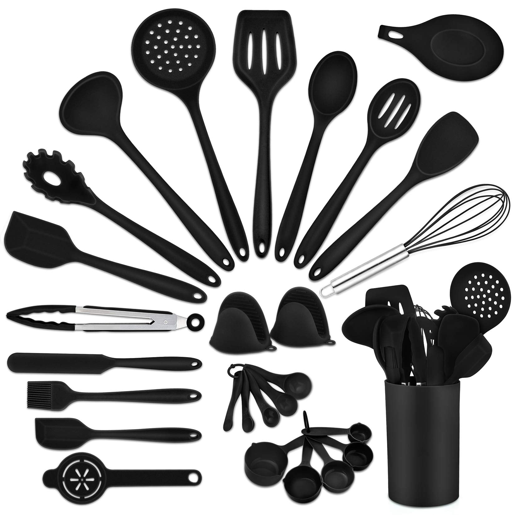 Black Kitchen Utensils Silicone Cooking Utensil Set, P&P Chef 28Pcs Baking Utensils Spatulas With Holder, Heat-Resistant & Non T