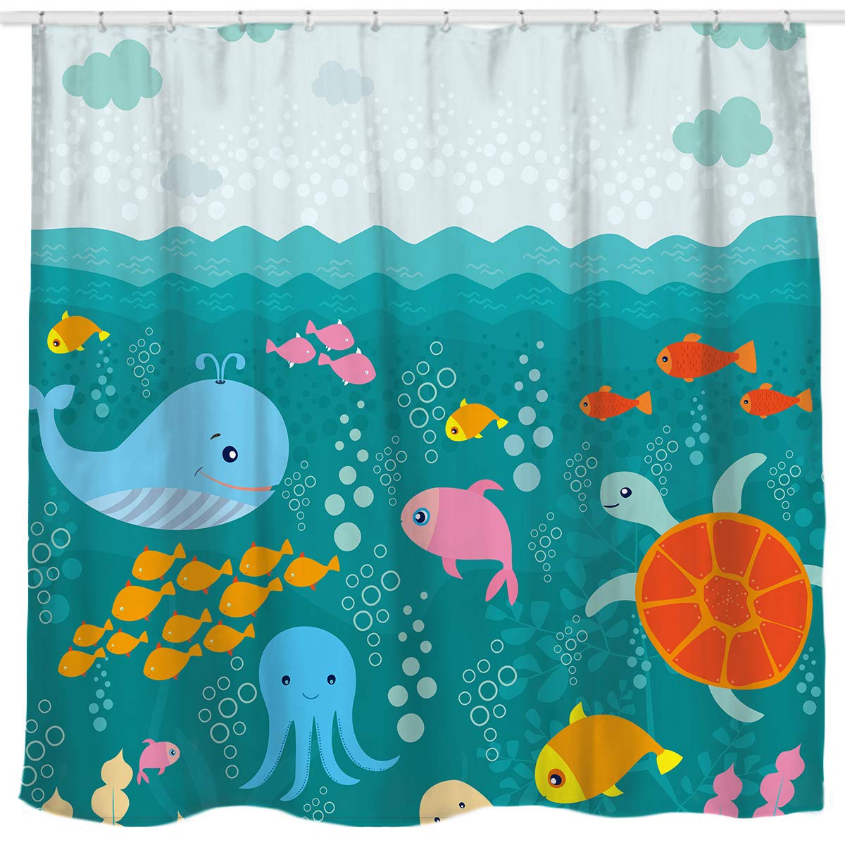 Sunlit Lovely Cartoon Sea Creatures Fabric Shower Curtain For Kids, Whale Turtle And Fish Bathroom Decor Curtain For Girls And B