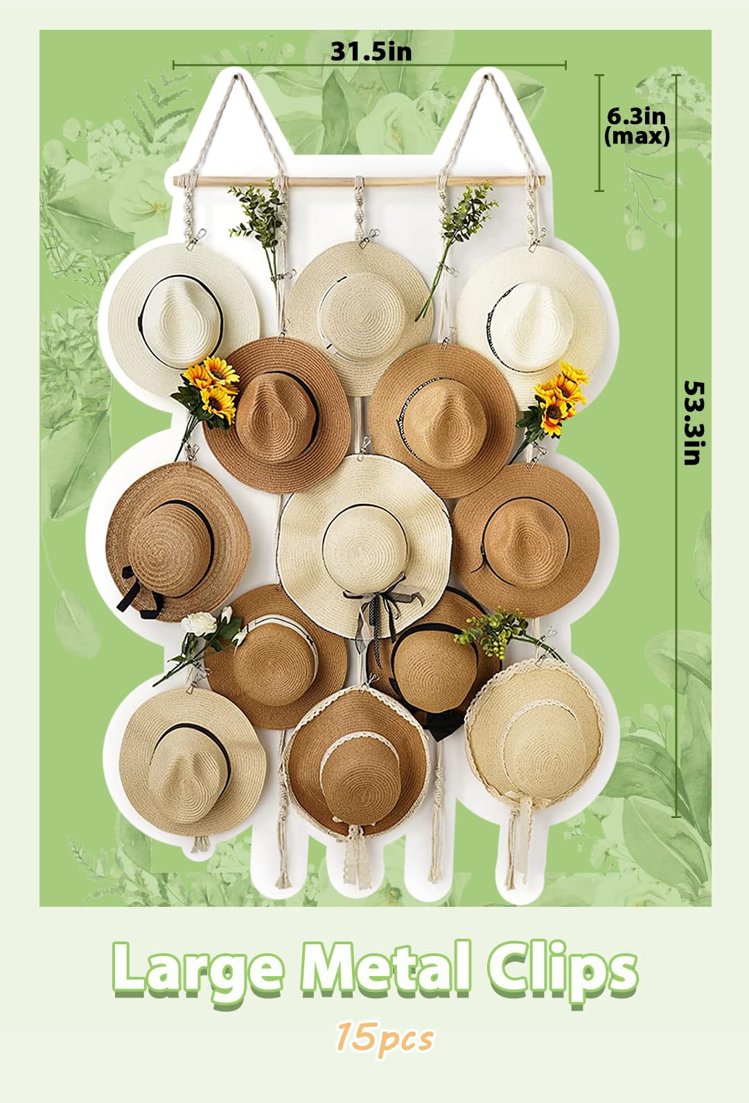 Hydermus Hat Rack For Wall 31X53 In Hat Organizer With 15 Clips Hanging Macrame Hat Hangers For Wide Brimmed Hat Display Women H