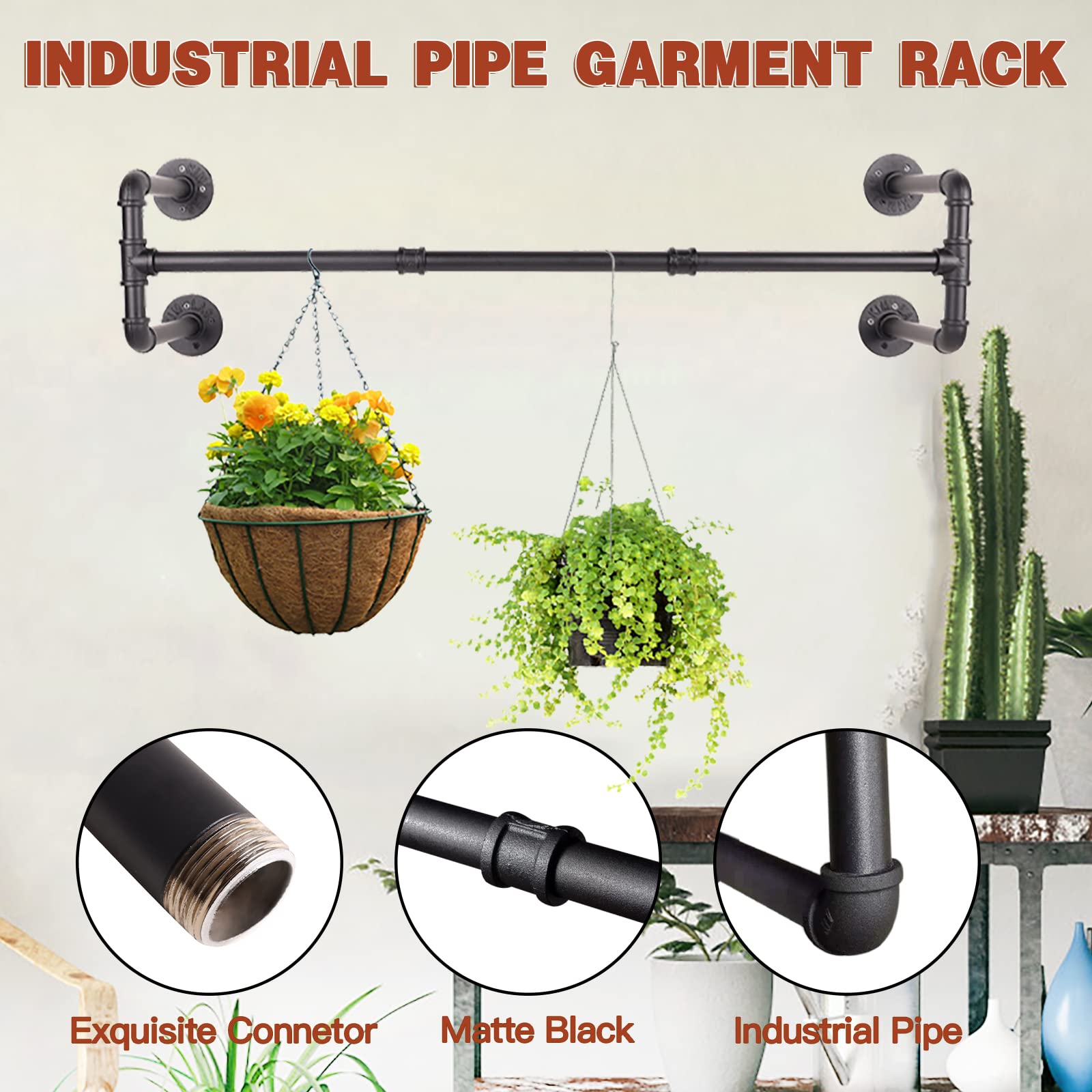 Varsoul Wall Mounted Clothes Rack - 54''Industrial Pipe Clothing Garment Rack, Space-Saving Heavy Duty Detachable Black Iron Clo