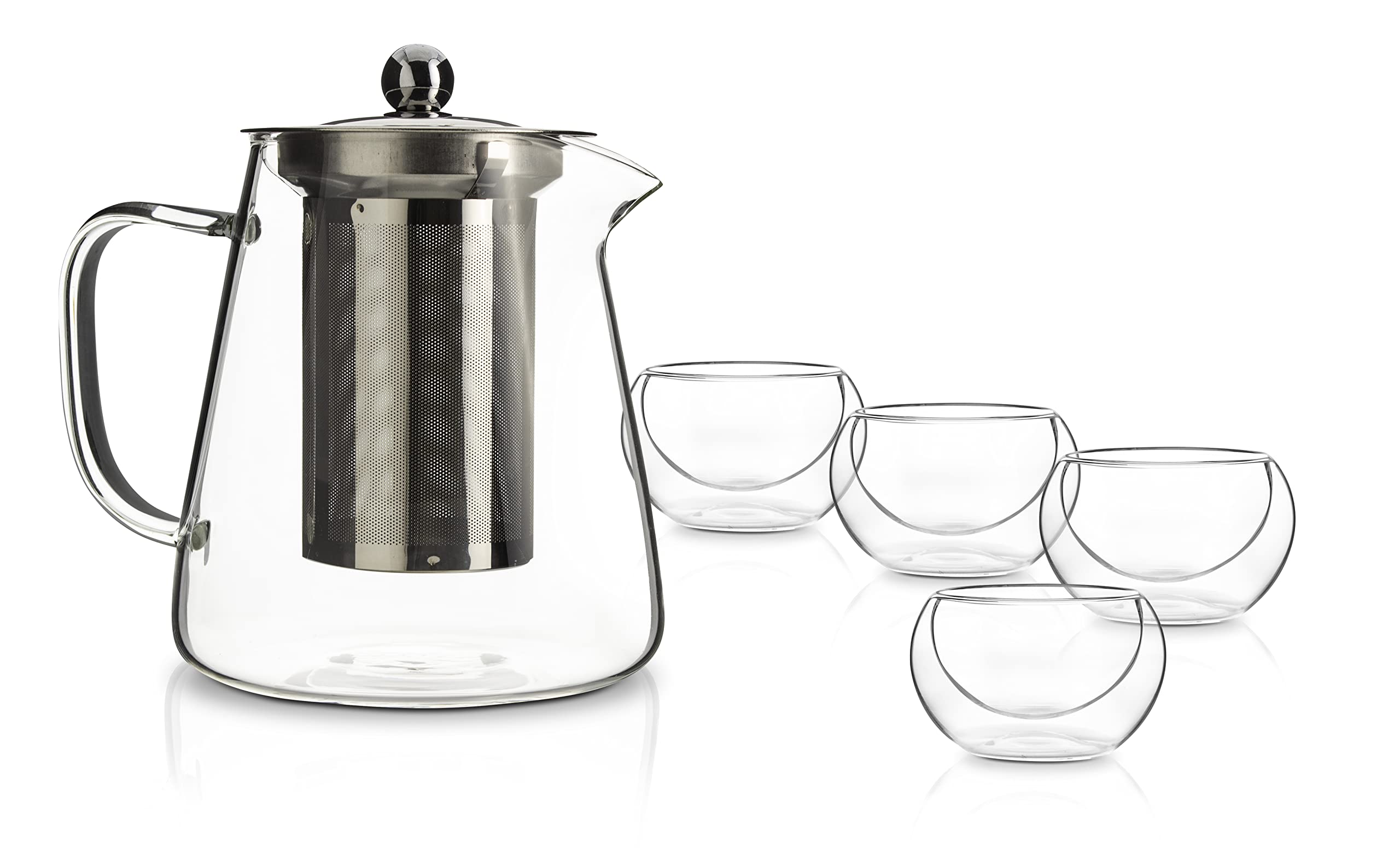 Eternal Living Glass Teapot With Infuser Removable Stainless Steel Strainer And 4 Double Wall Cups, Tea Maker