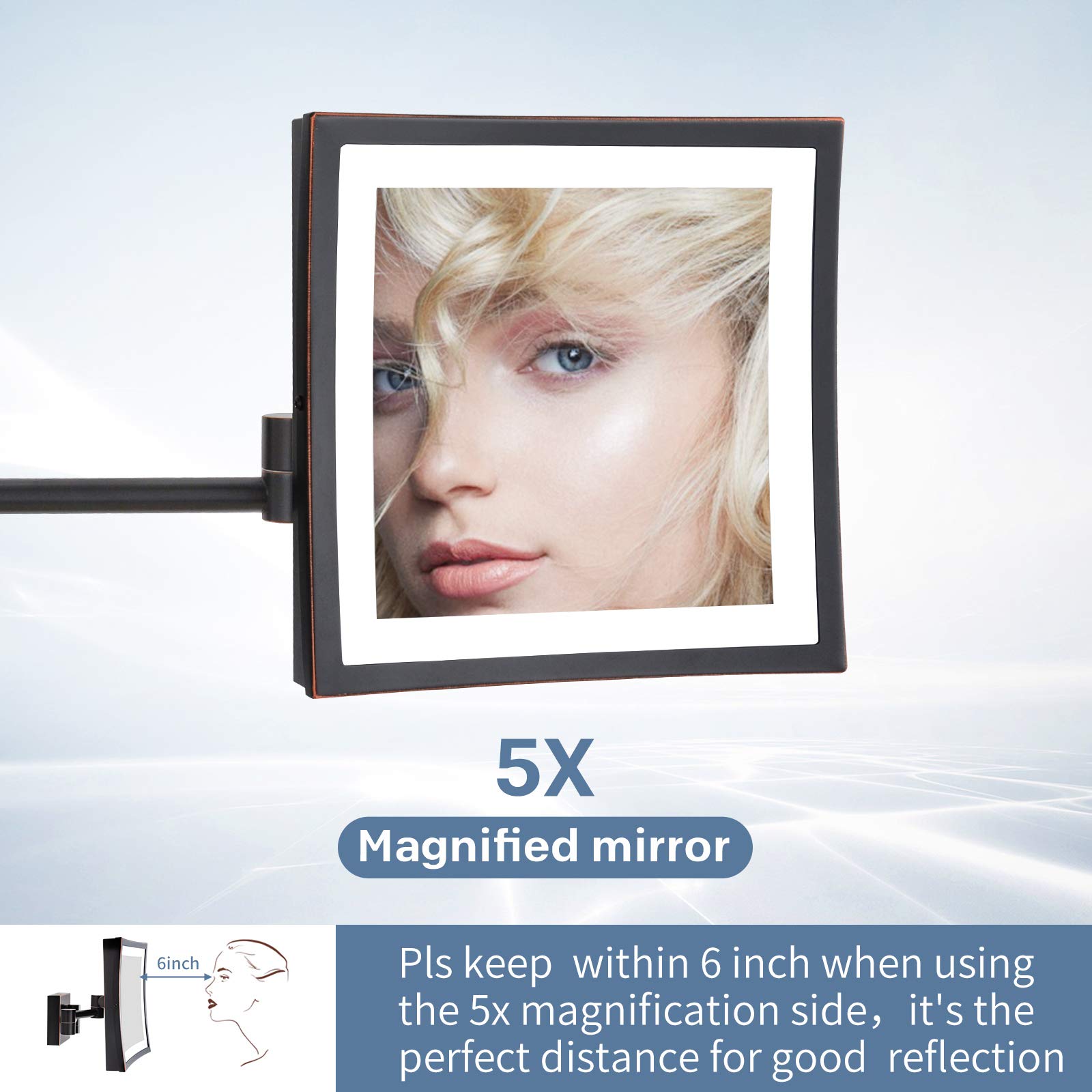 Dowry Led Lighted 5X Magnifying Makeup Mirror With Plug,8Inch, Polished Oil Rubbed Bronze Finished Dowry1802D-8X5